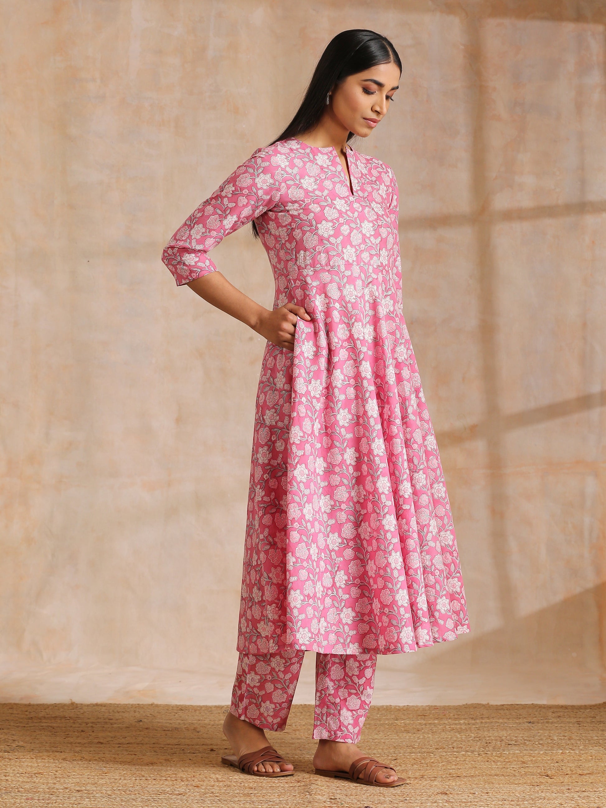 trueBrowns Pink Overall Floral Block Print Cotton Flared Kurta Pant Set 