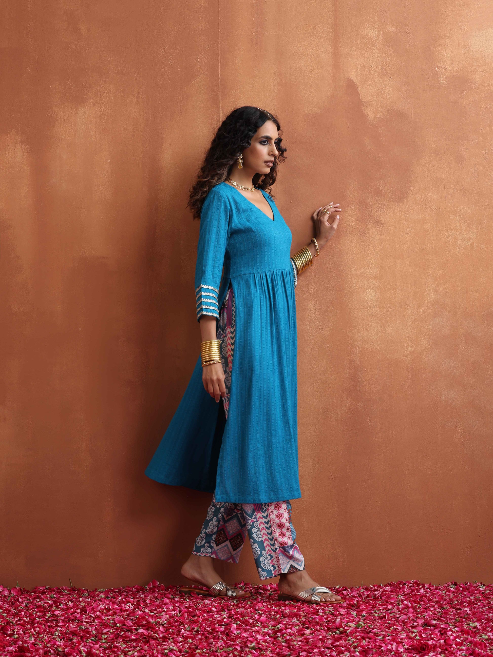 trueBrowns Blue Cotton Flared Anarkali Kurta Set 