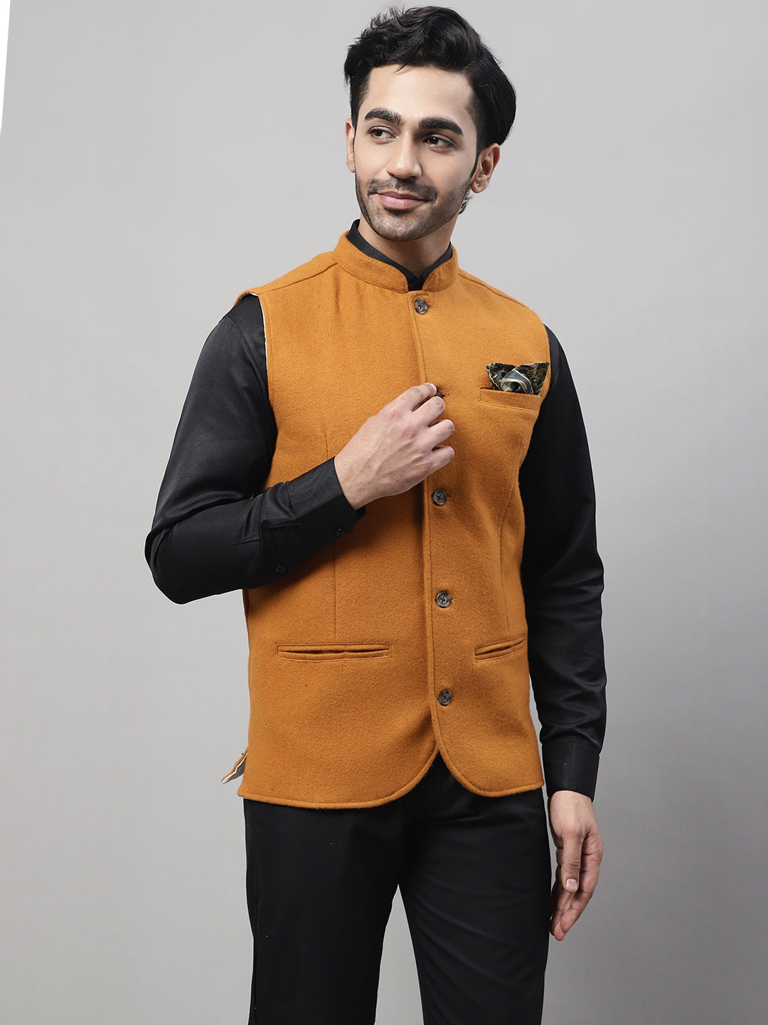 Even Apparels Men's Orange Pure Wool Nehru Jacket 