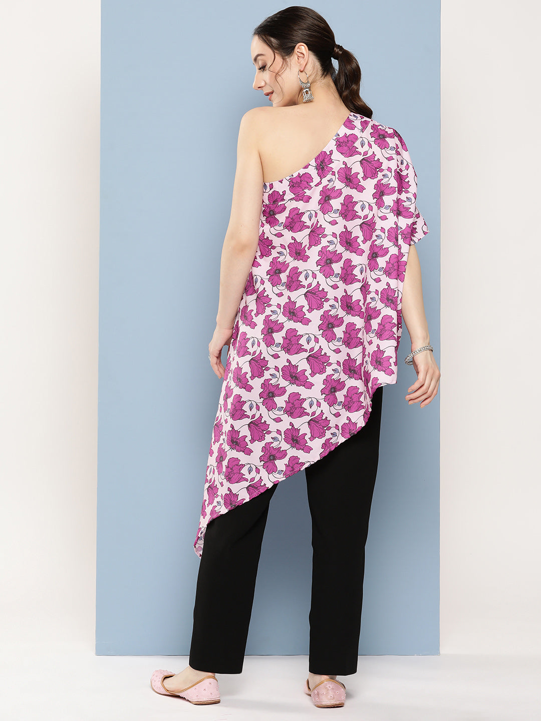 InWeave Women's Pink Fuchsia Japanese Art Oneshoulder Top 