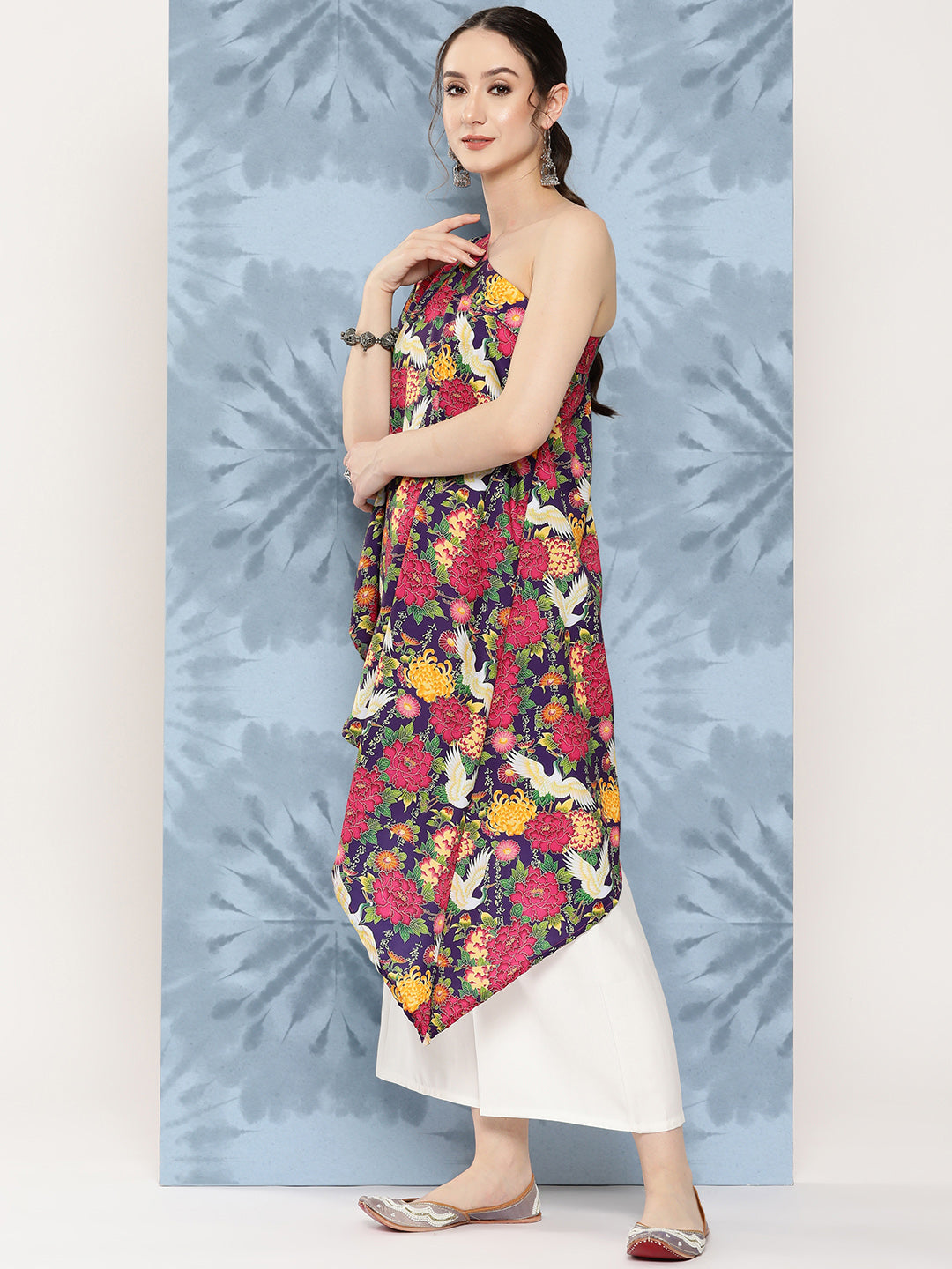 InWeave Women's Navy Bird Japanese Art Oneshoulder Top 