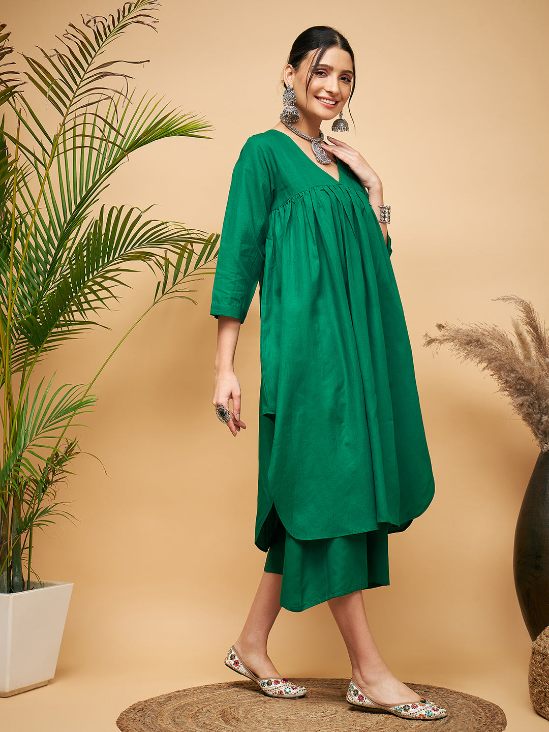 InWeave Women's Forest Green Flared Kurta Palazzo Set 