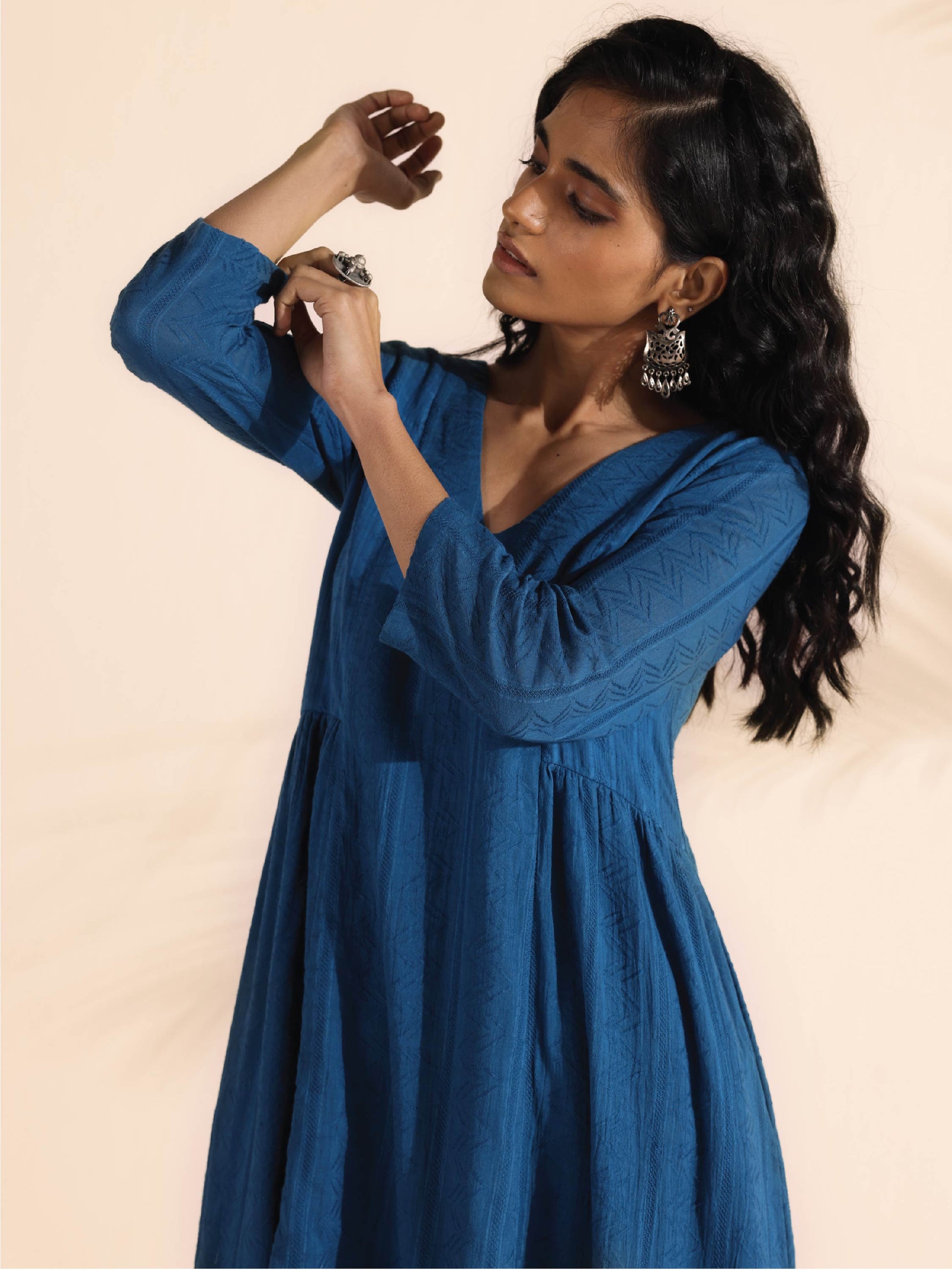 trueBrowns Blue Cotton Dobby Flared Kurta Pant Set 