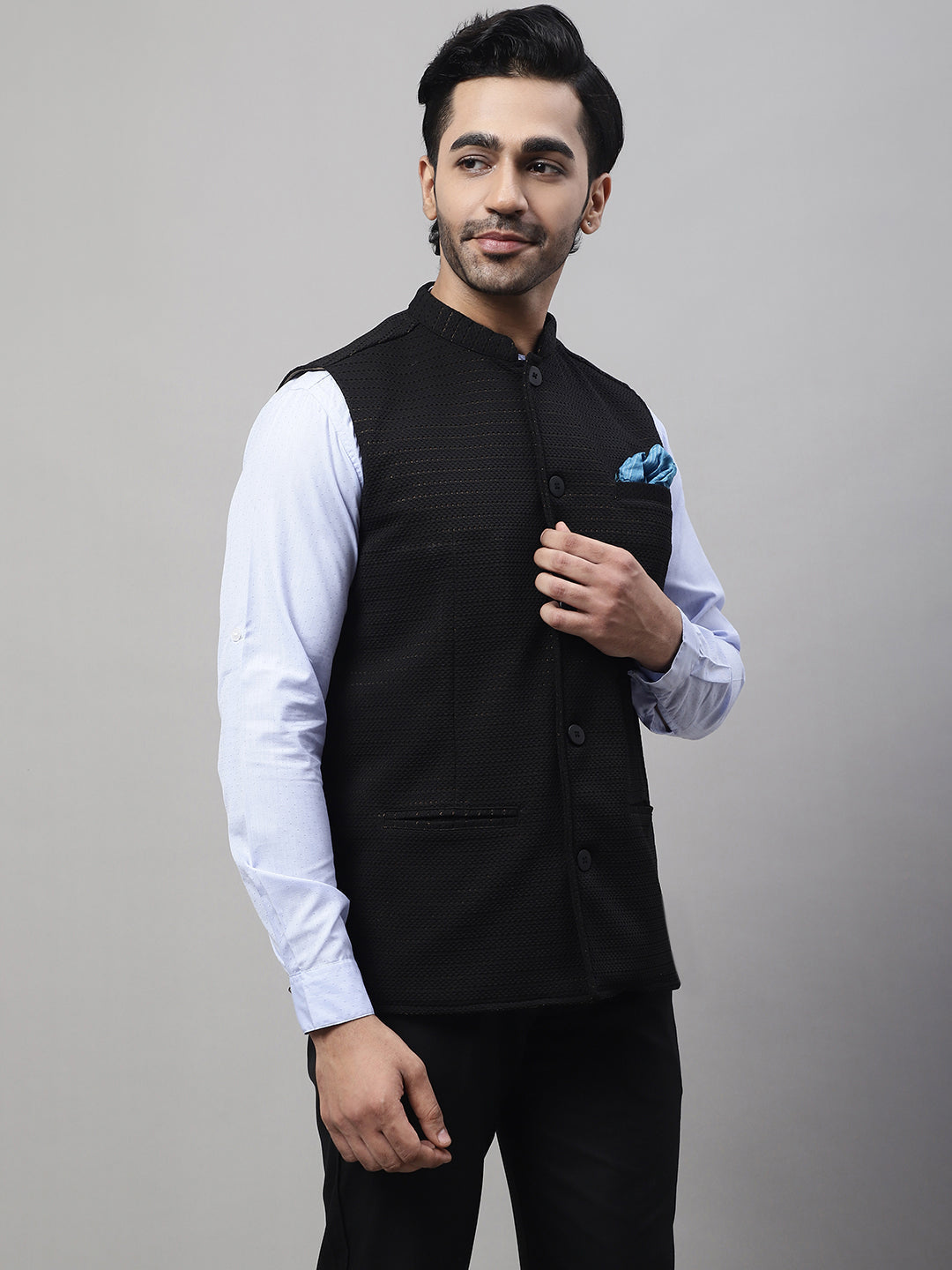 Even Apparels Men's Black Nehru Jacket With Welt Pockets 