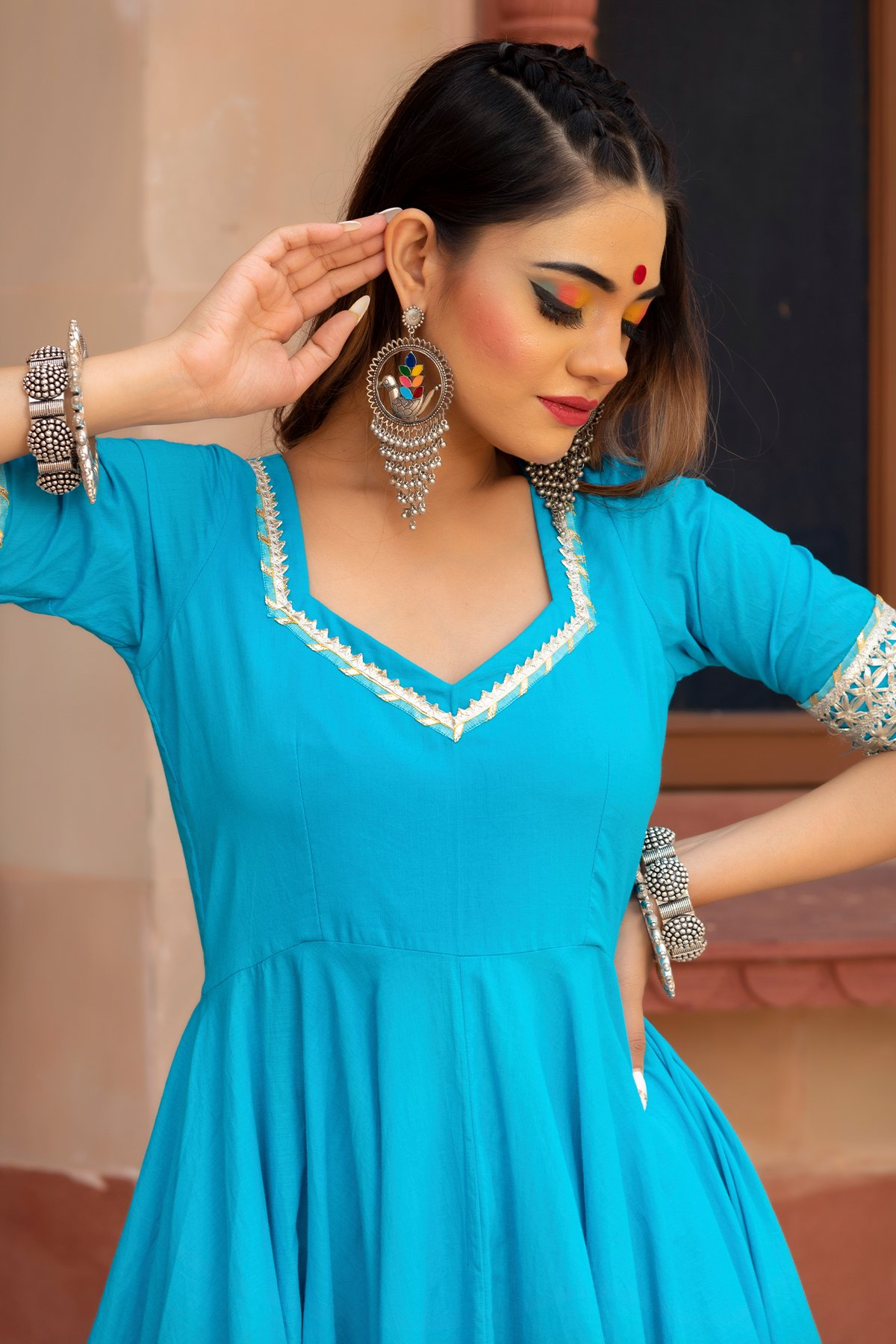 Pomcha Jaipur Kalamkari Blue Pure Cotton Anarkali Set 