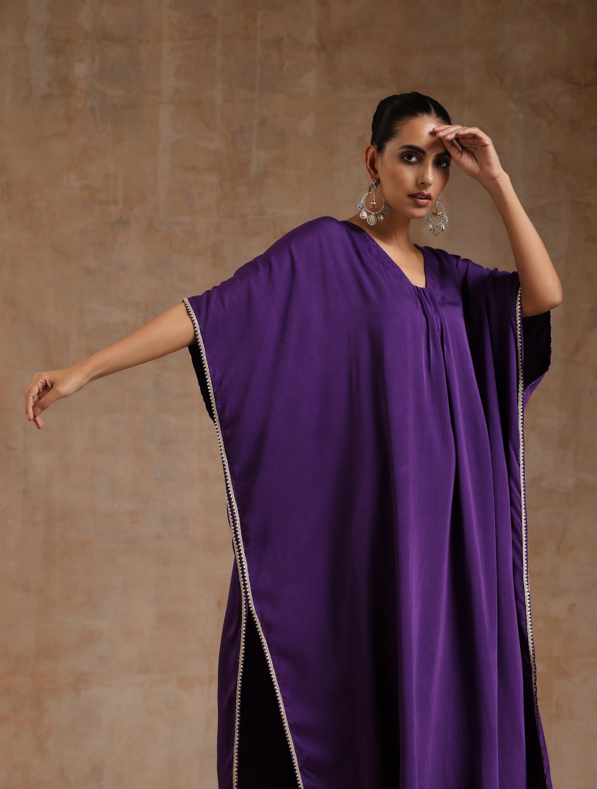 trueBrowns Violet Modal Satin Kaftan Kurta Set 