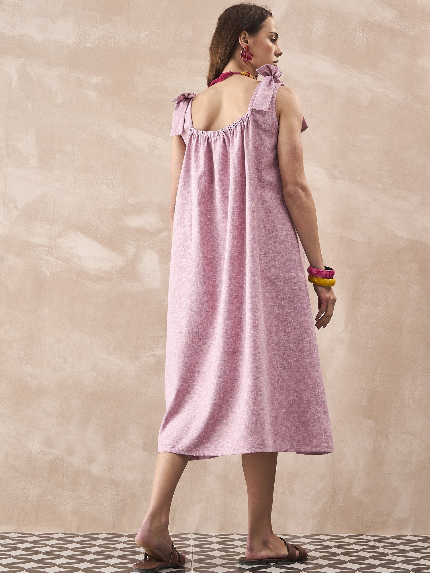 InWeave Dull Pink Linen Round Pleat Bow Dress 