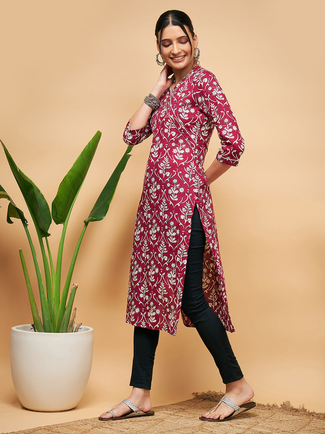 InWeave Women's Wine Floral Print Straight Angrakha Gota Kurta 
