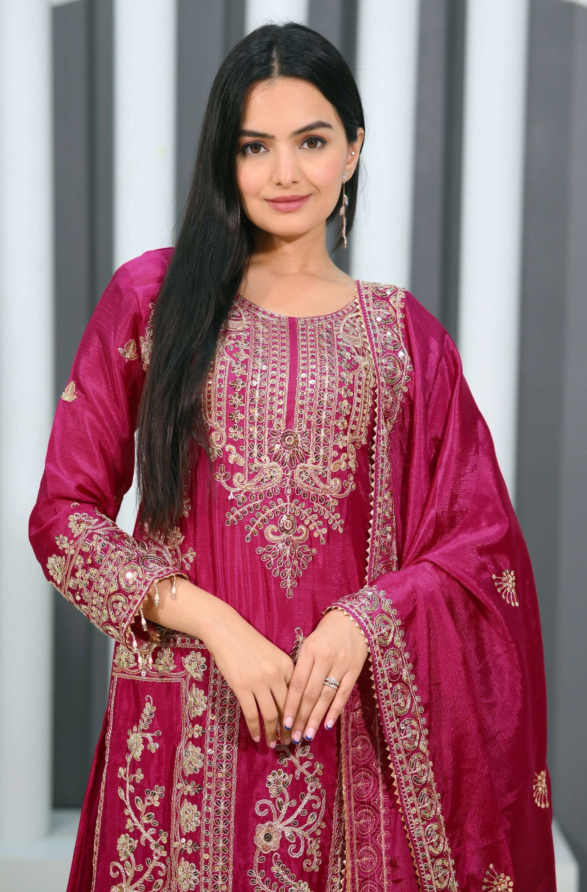 Teeya Creation Rani Color Chinon Silk Heavy Embroidery Work Fully Stitched Salwar Suit