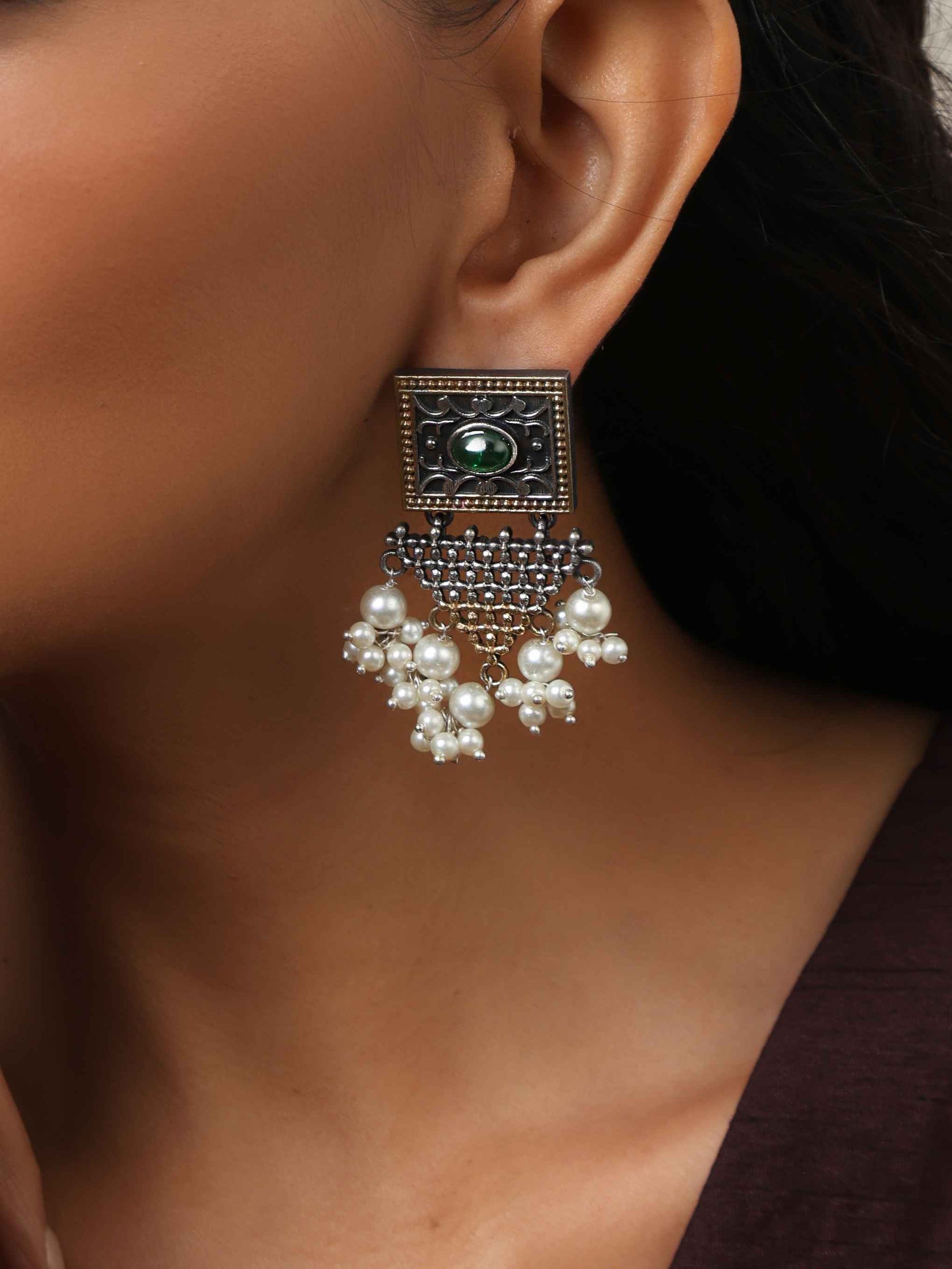 trueBrowns Silver Gold Tone Floral Silver Jaal Dangle Earrings Truebrowns Lifestyle