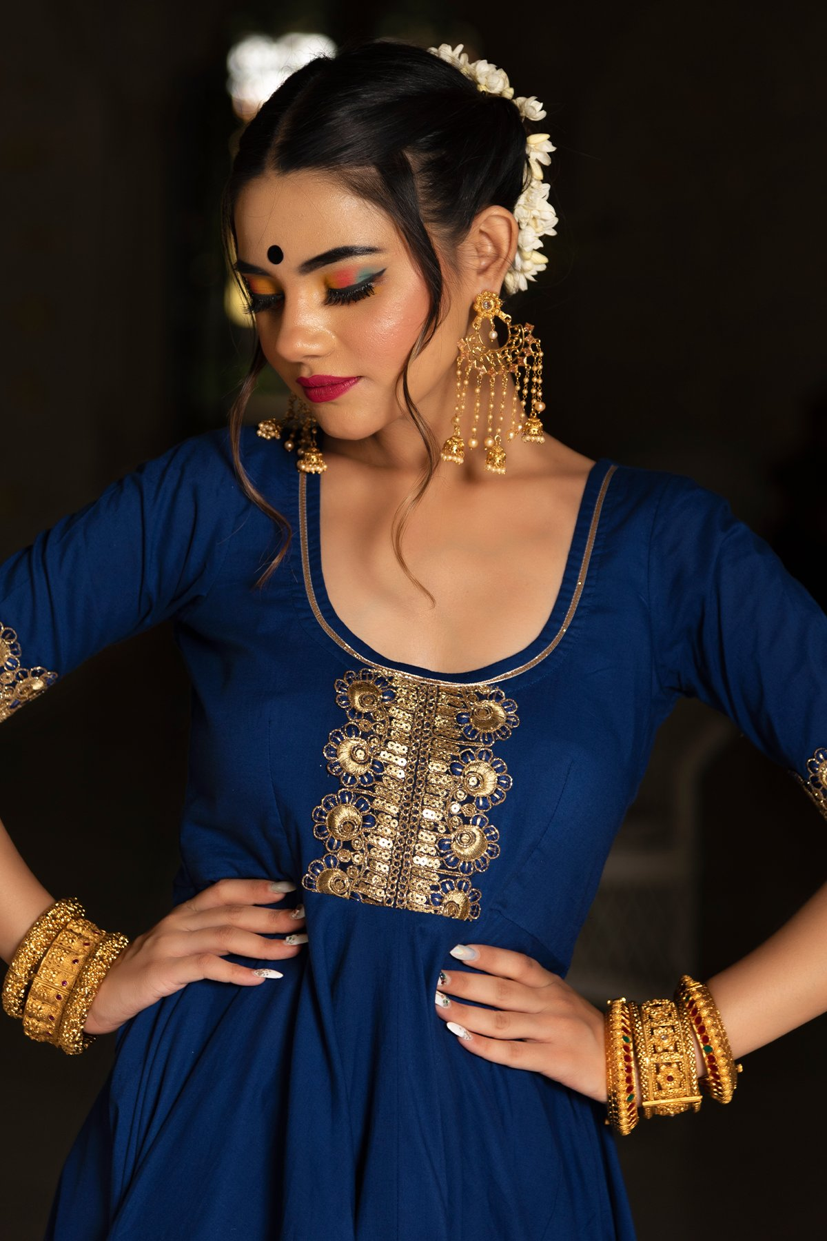 Pomcha Jaipur Minakari Blue Anarkali Set 