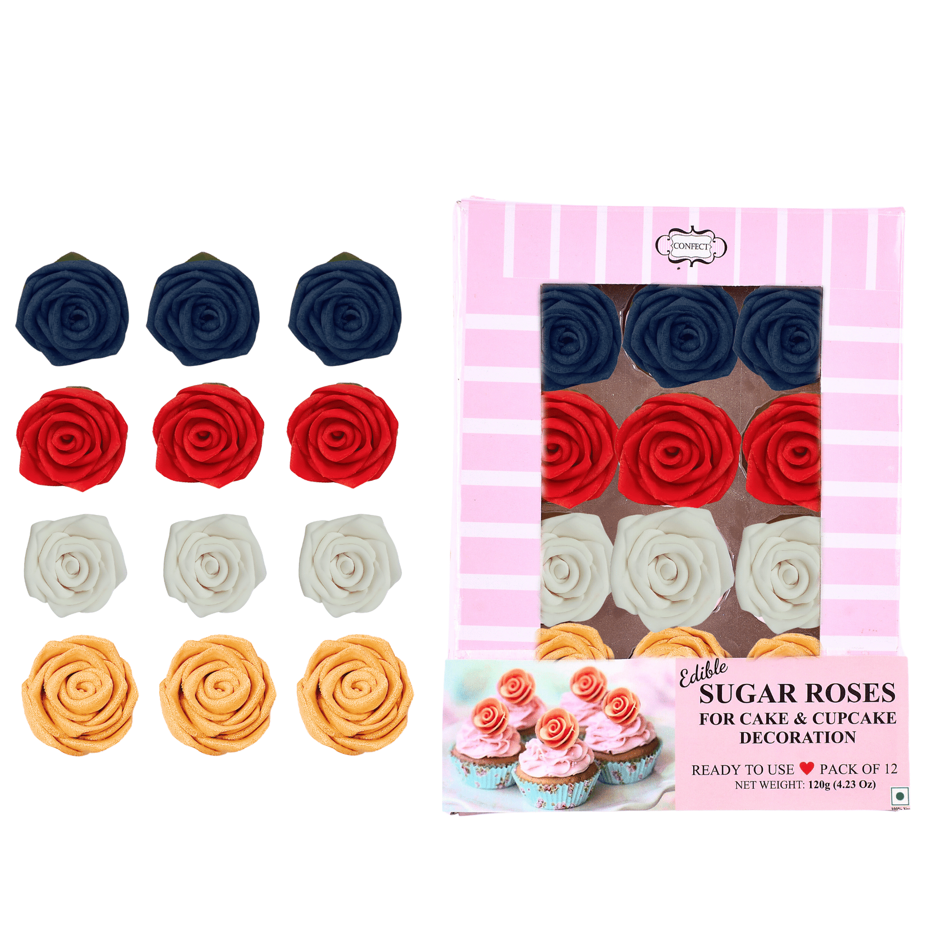 Confect Edible Sugar Roses Cake Toppers - Pack of 12 (04)