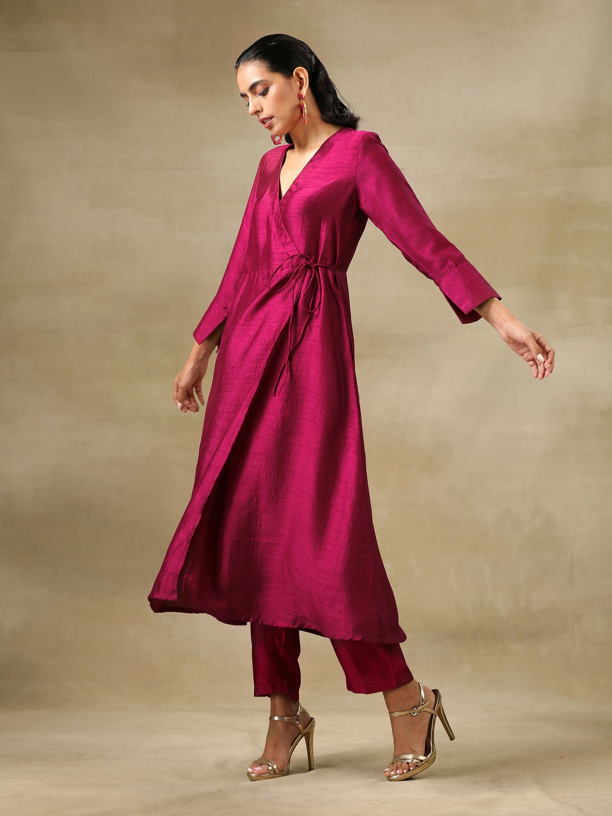 trueBrowns Purple Textured Silk Angrakha Kurta Pant Set 