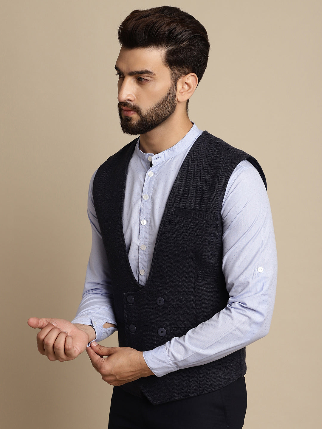 Even Apparels Men's Blue Woolen Double Breast Waistcoat - Grab2buy