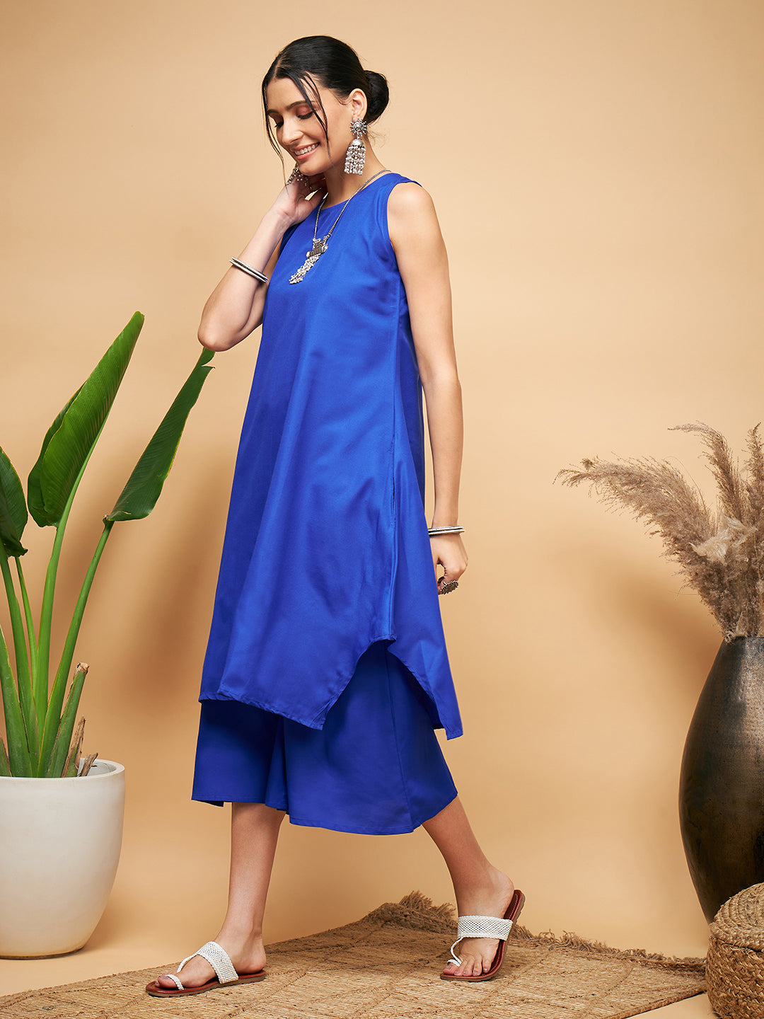 InWeave Women's Ink Blue Short Kurta Palazzo Set 