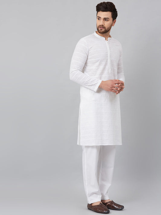 NOZ2TOZ Men White Green Chikankari Embroidered Woven Design Straight Kurta - Grab2buy