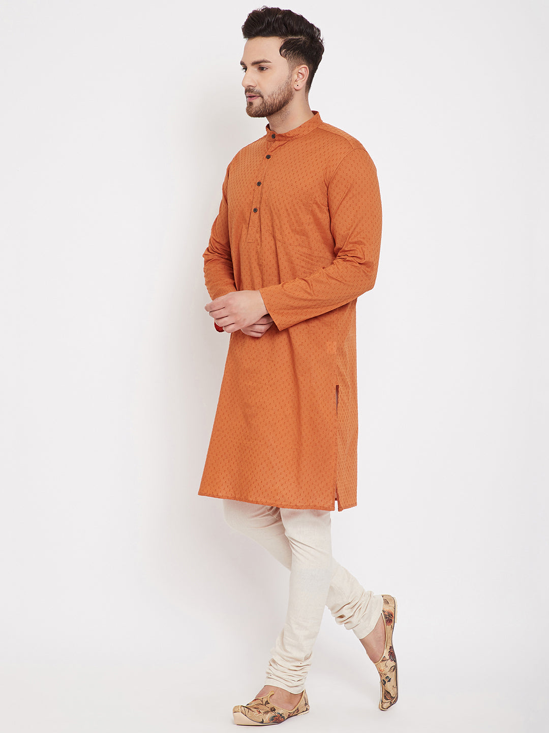 Even Apparels Orange Pure Cotton Kurta With Band Collar