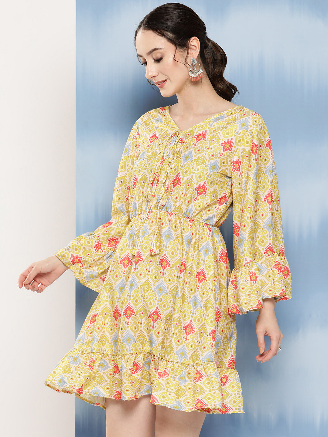 InWeave Women's Yellow Orange Ikkat Print Short Dress 