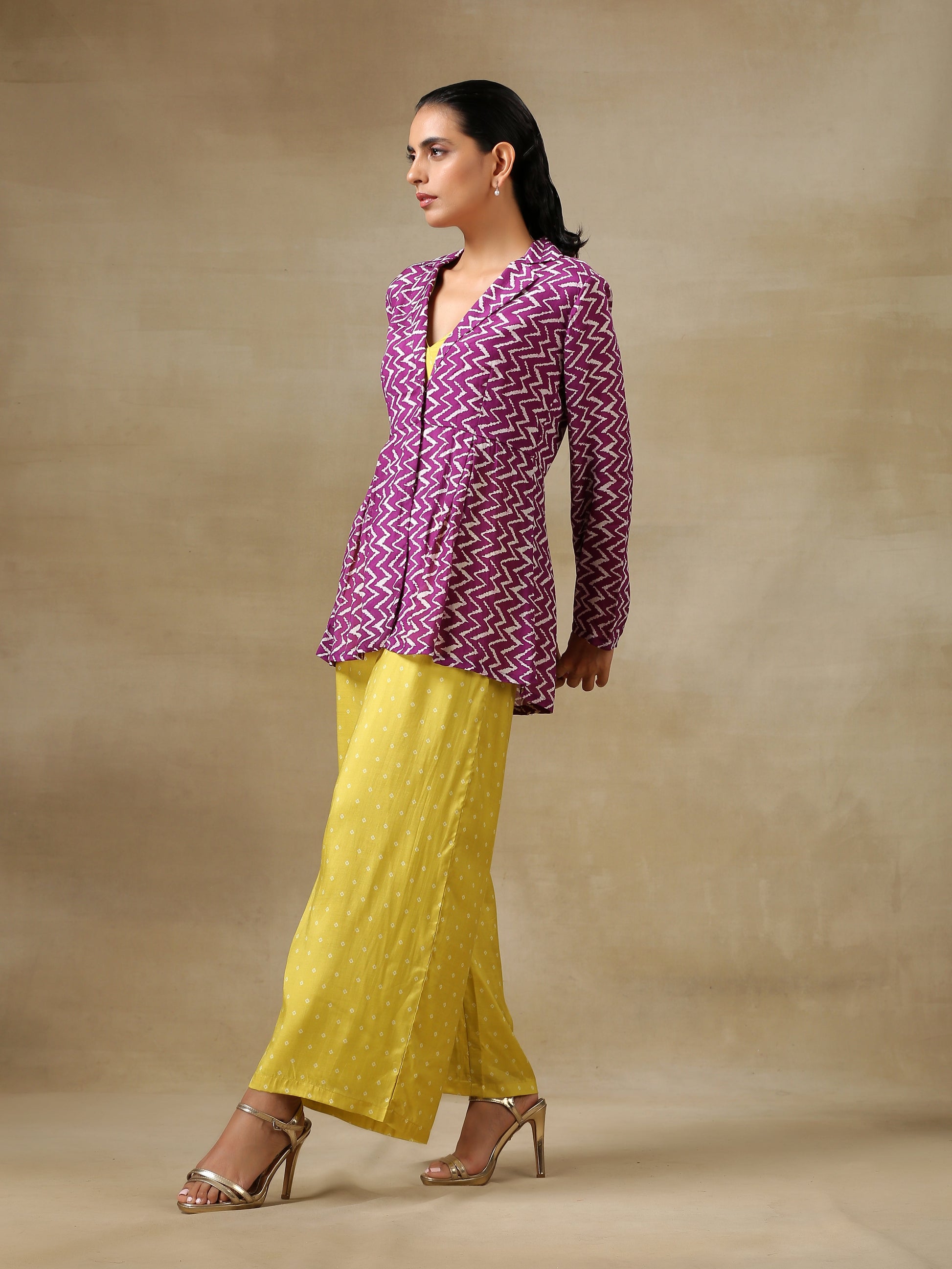 trueBrowns Lime Green Bandhani Printed Silk Top Pant with Purple Printed Jacket Set 