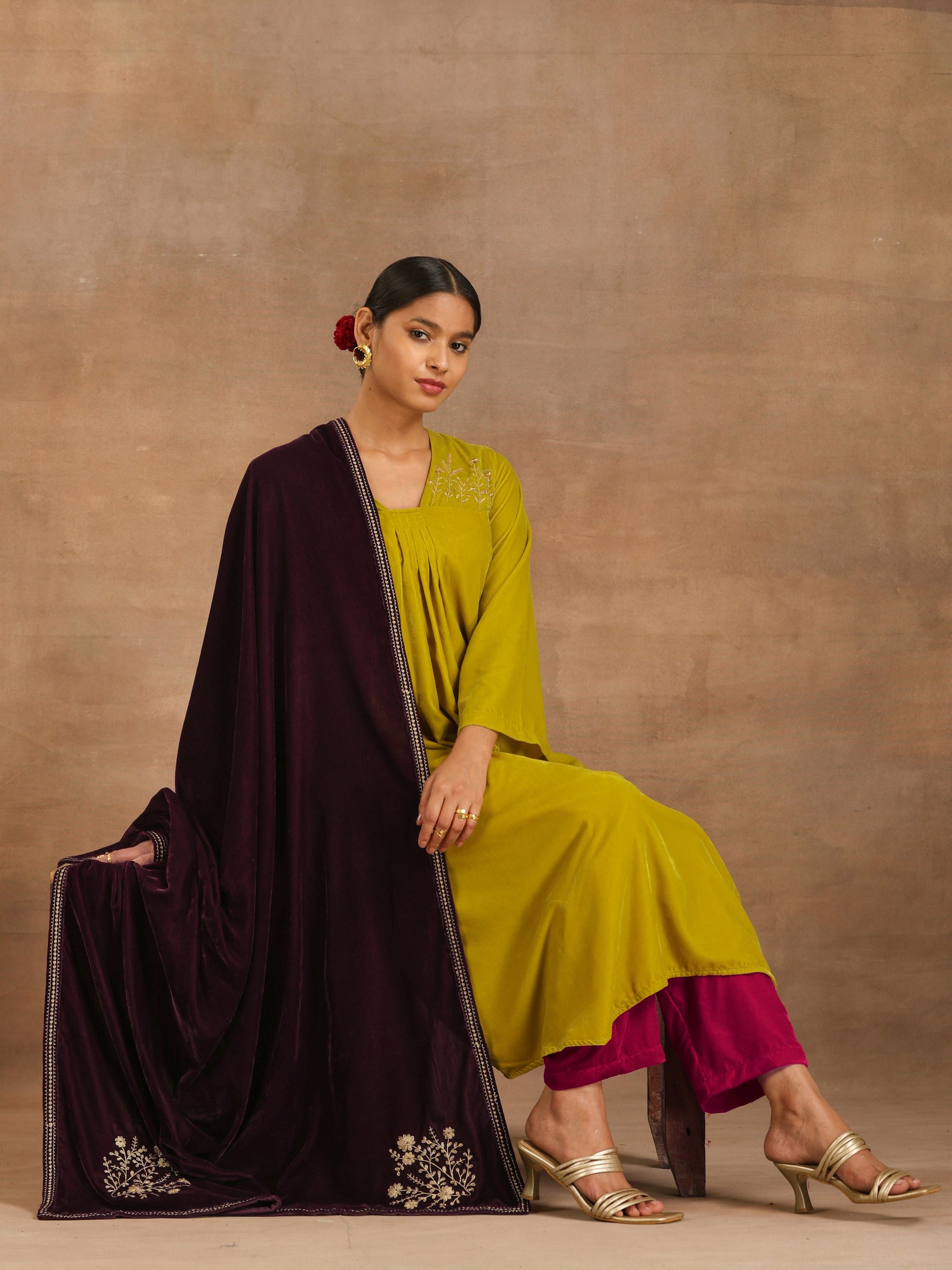 trueBrowns Wine Velvet Embroidered Shawl - Grab2buy