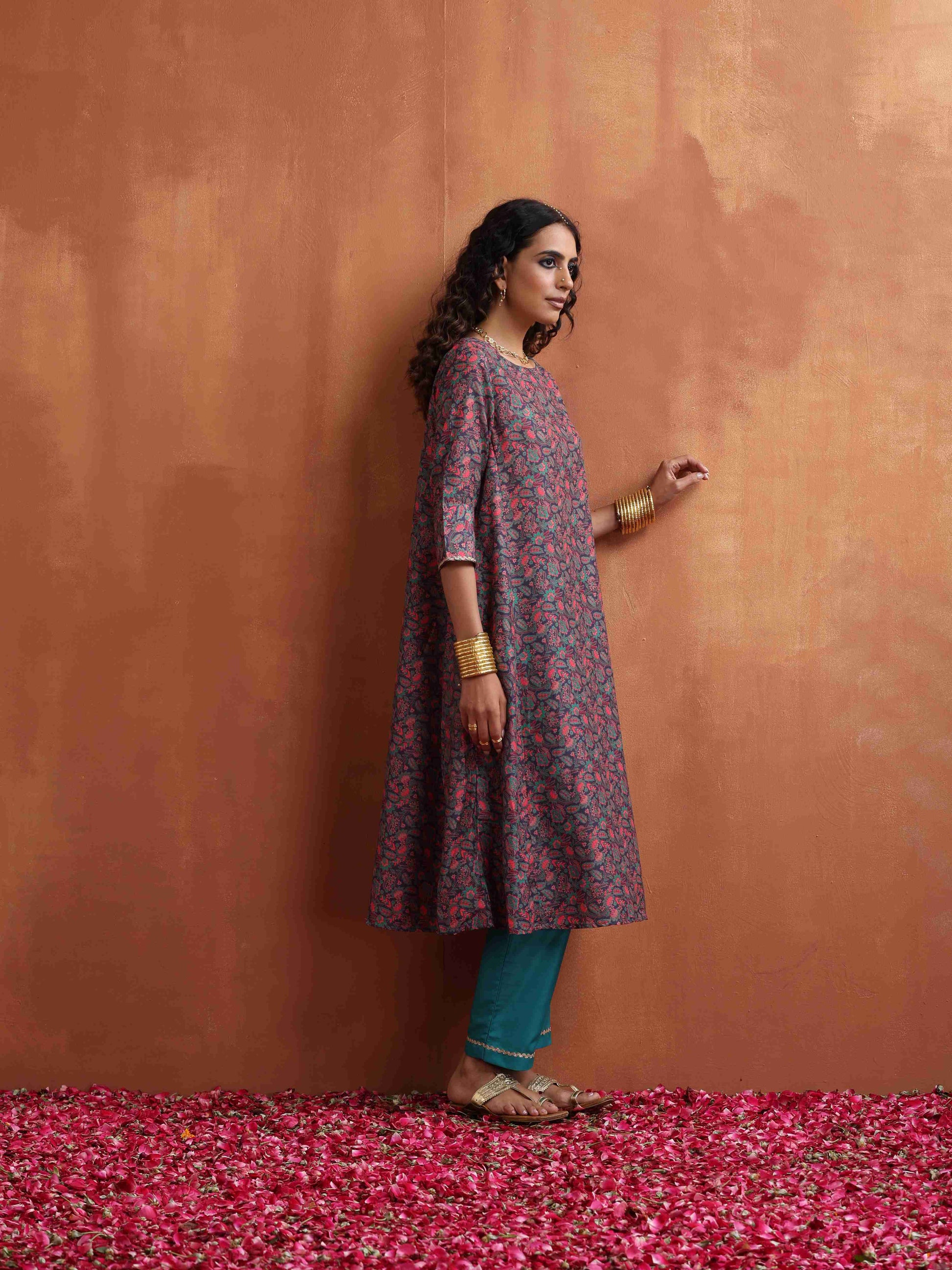 trueBrowns Purple Print A-line Kurta Set 