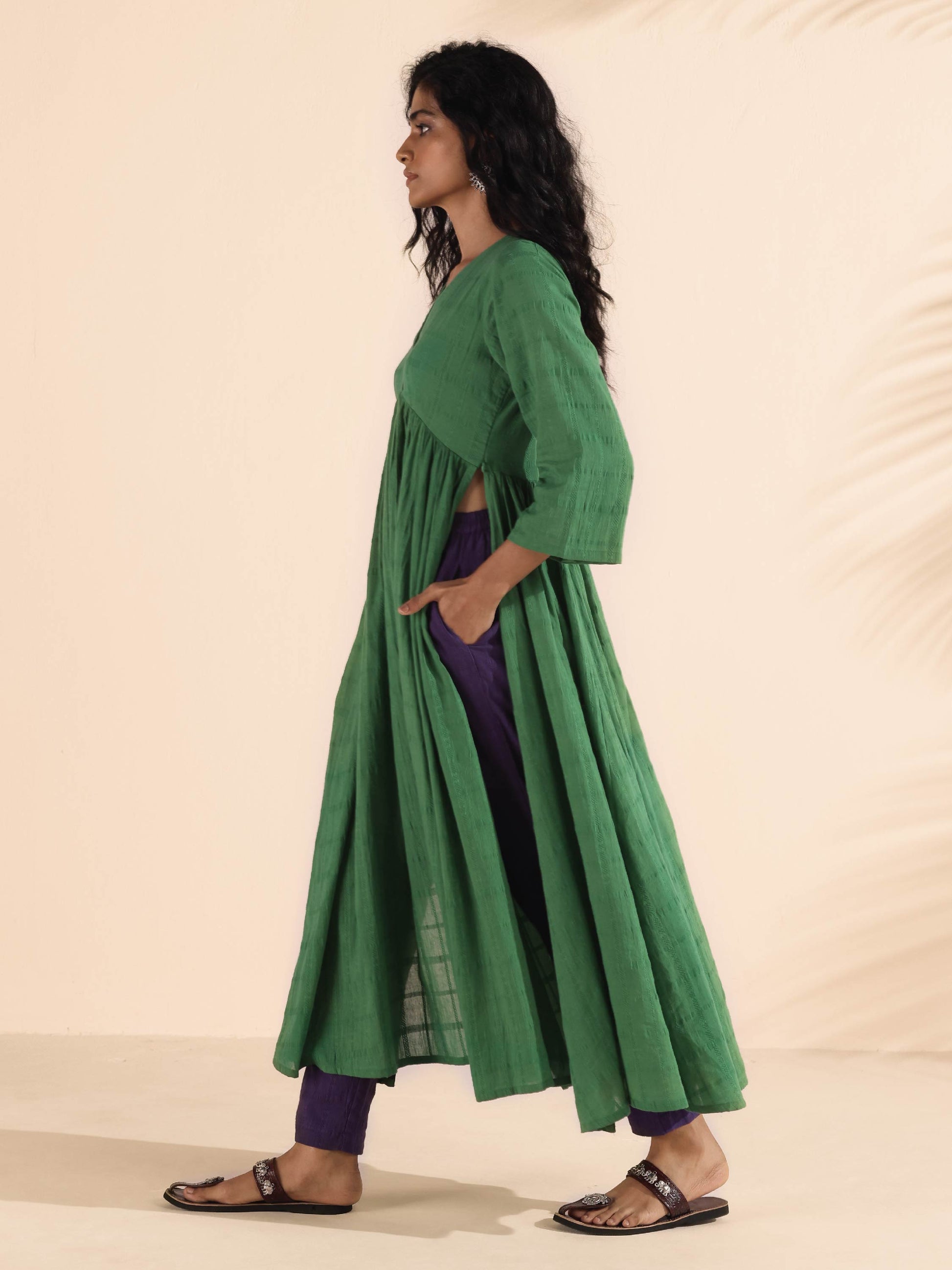 trueBrowns Green Cotton Dobby Flared Kurta Pant Set 