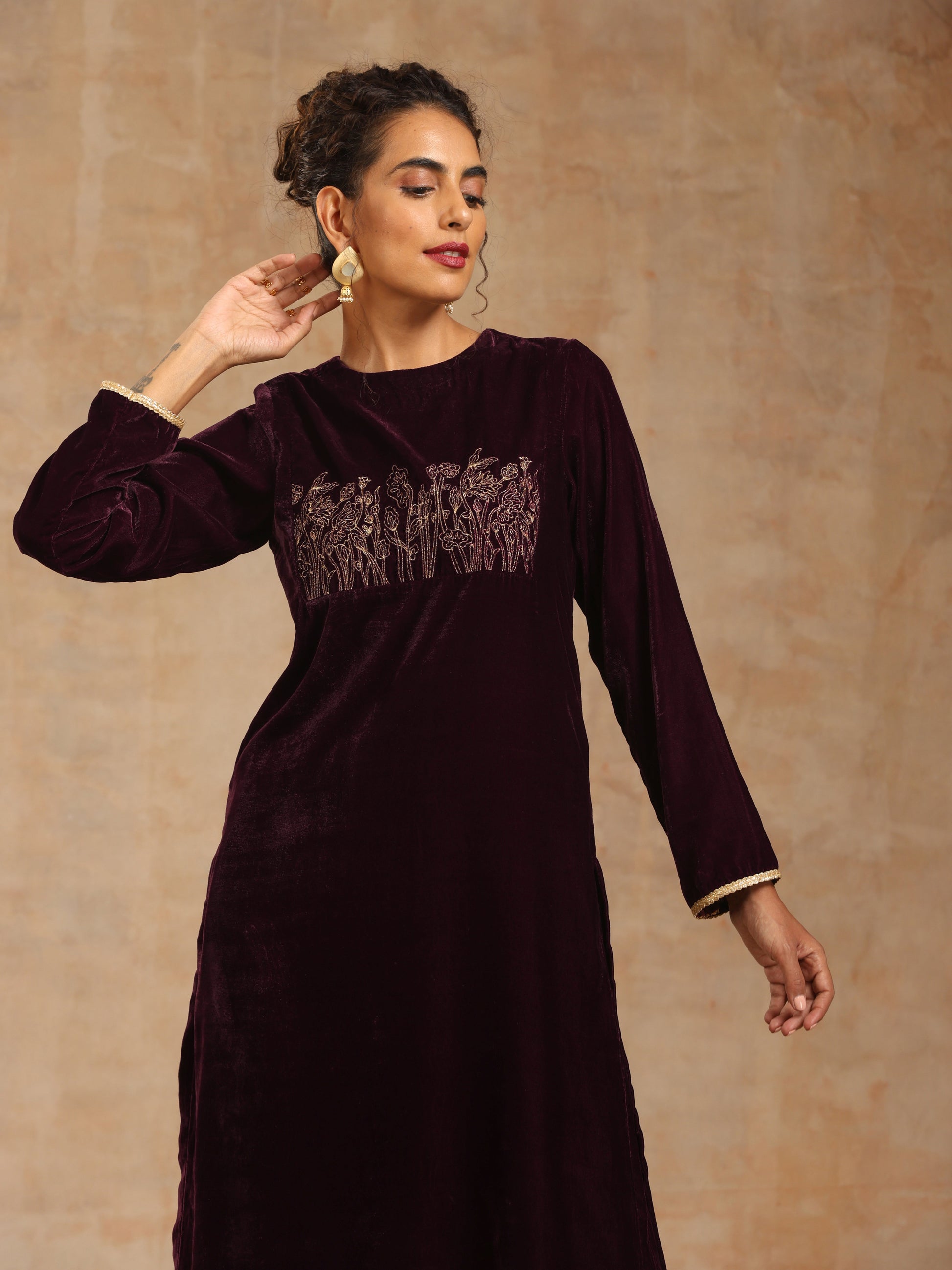trueBrowns Wine Velvet Yoke Embroidered Kurta 