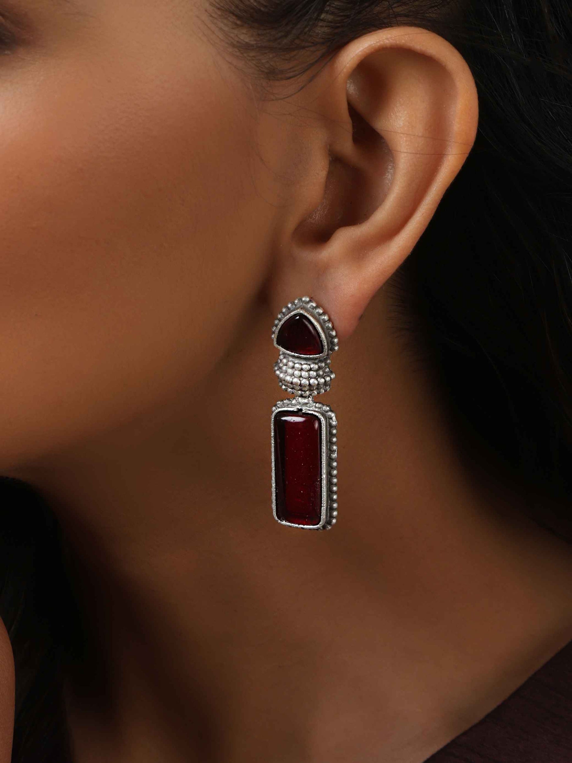 trueBrowns Silver tone Red Stone Drop Earrings Truebrowns Lifestyle