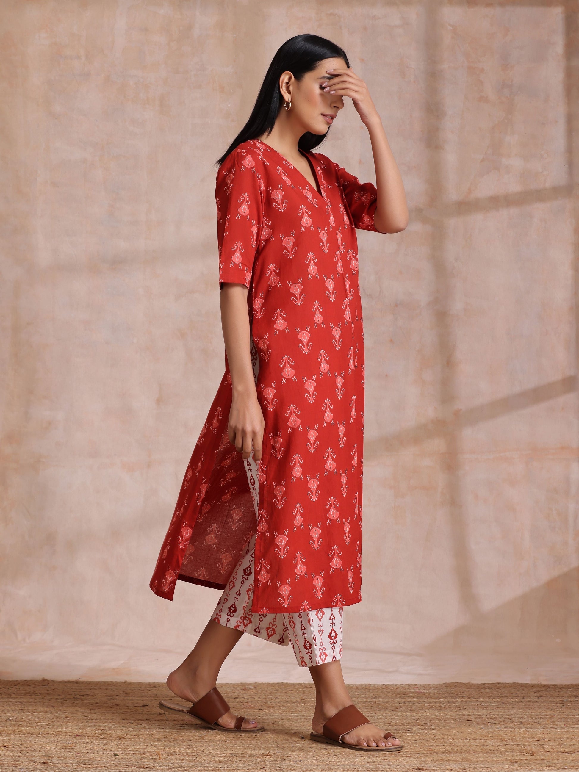 trueBrowns Red On Red Ikat Print Cotton Kurta Pant Set 