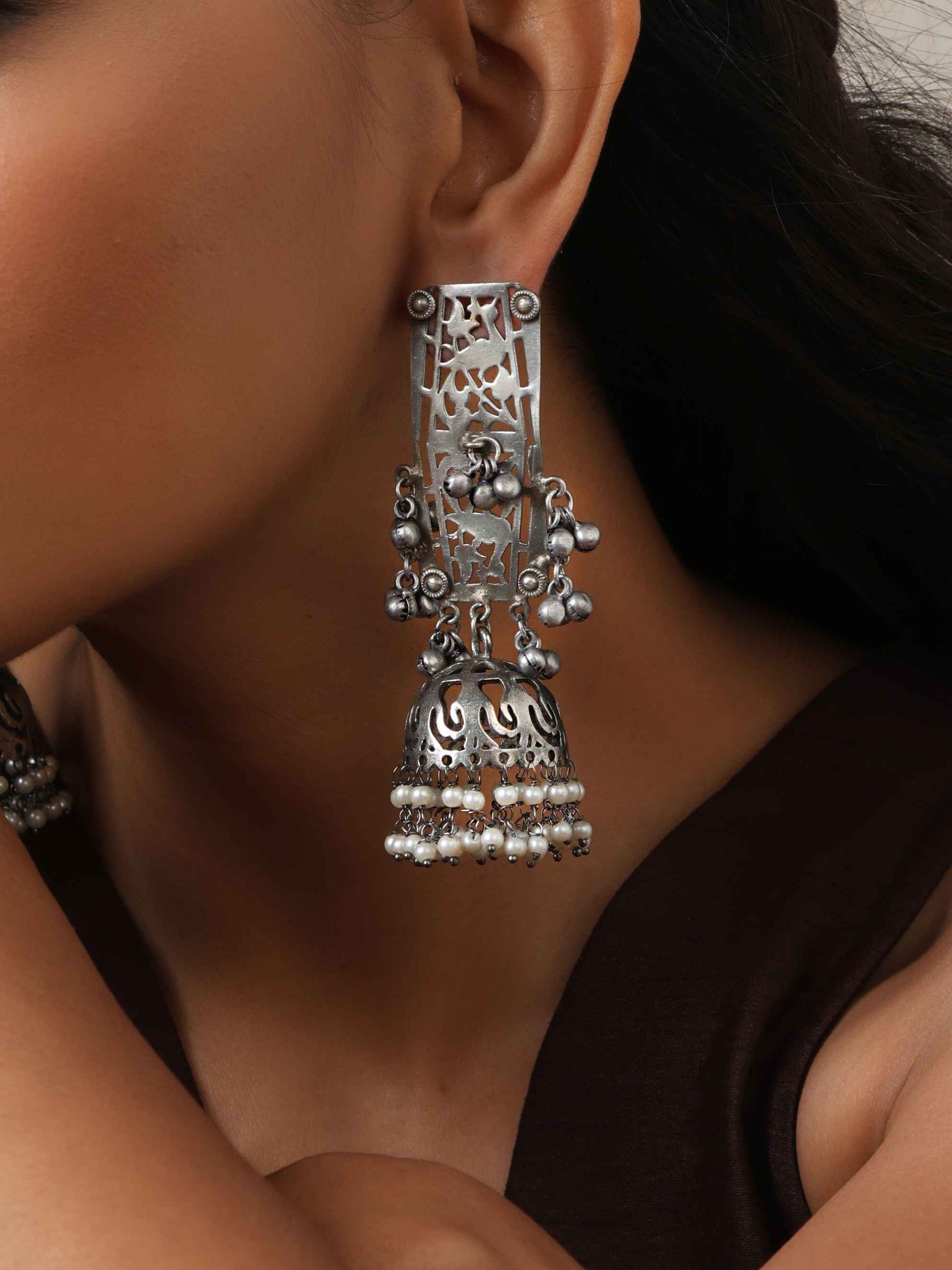 trueBrowns Silver Tone Floral Jhumka Earrings Truebrowns Lifestyle