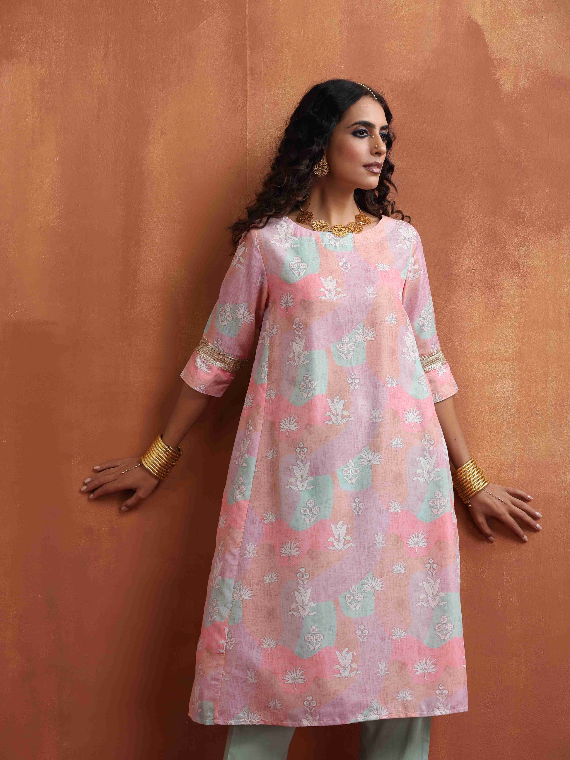 trueBrowns Beige Palm Print A-line Kurta Set 