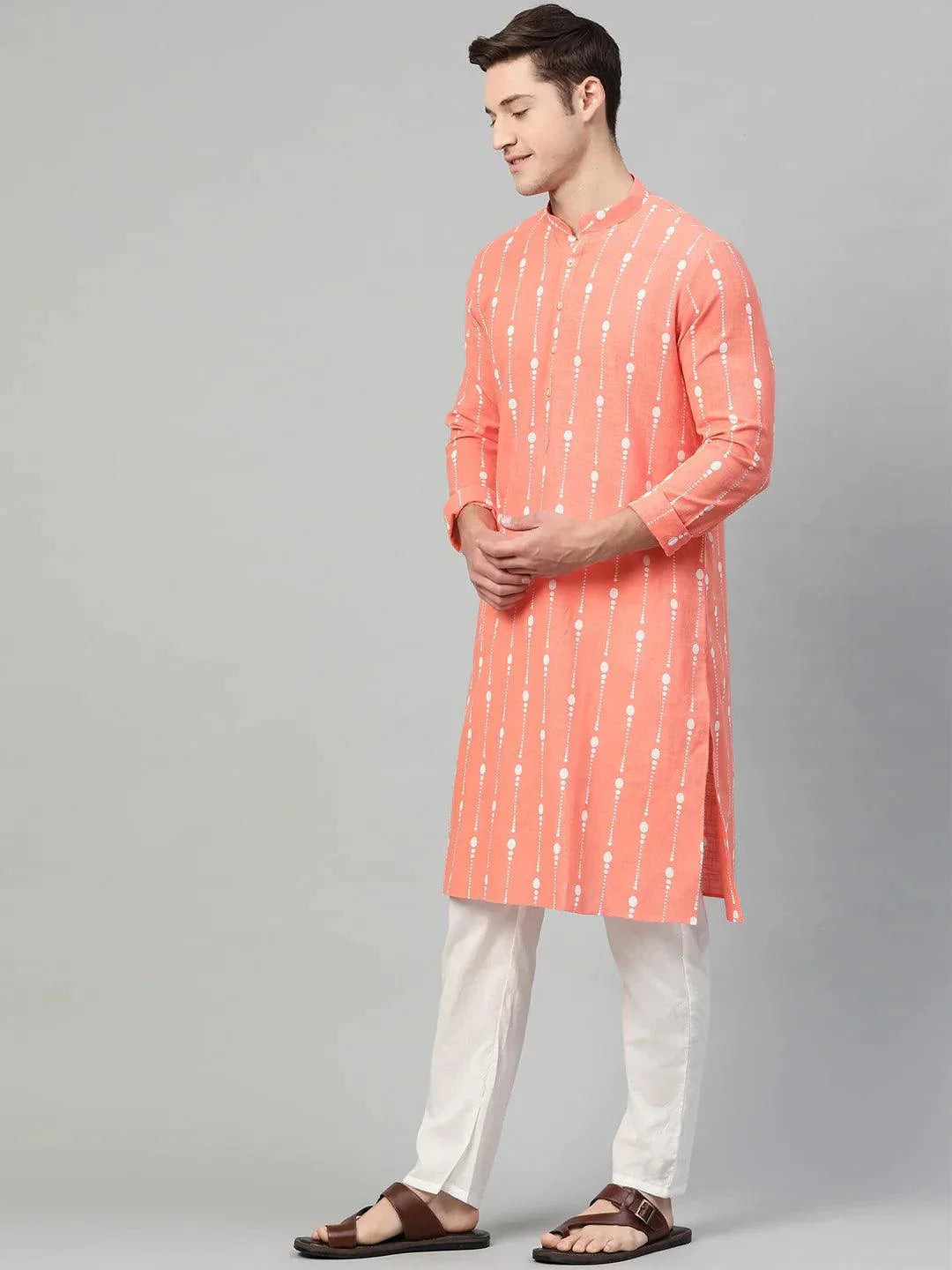 Fabmade Peach & White Printed Straight Kurta With Pyjama For Men