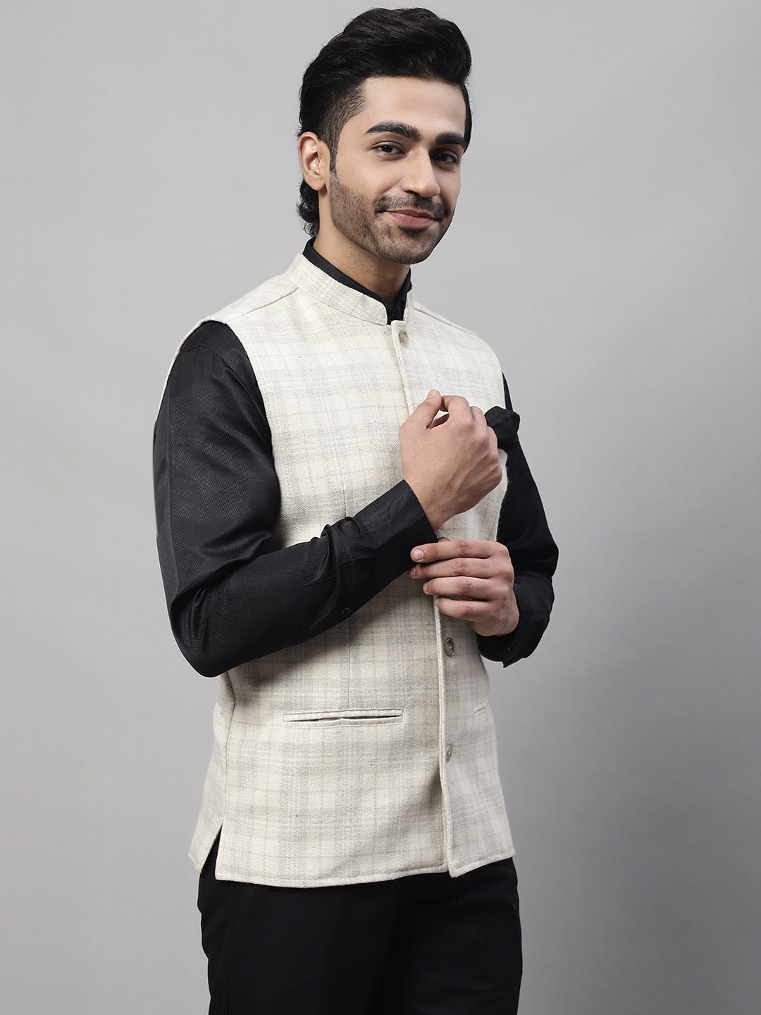 Even Apparels Men's Cream Pure Wool Nehru Jacket 