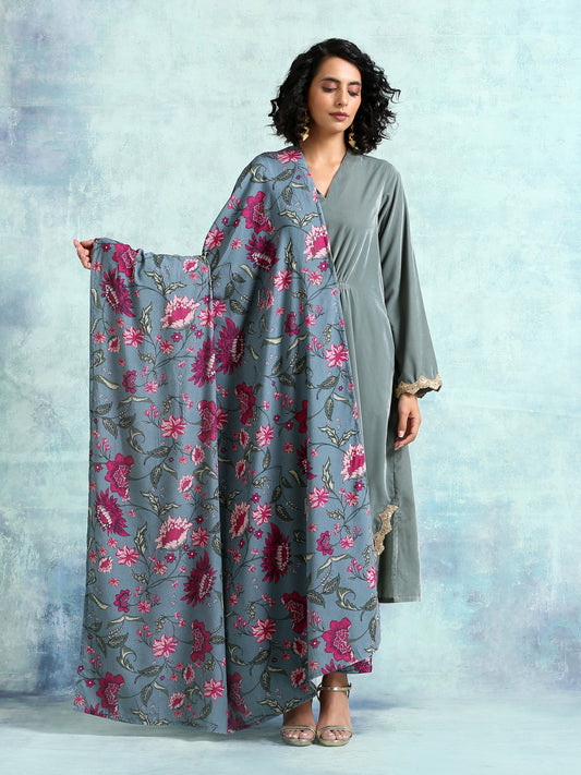 trueBrowns Grey Printed Velvet Shawl - Grab2buy