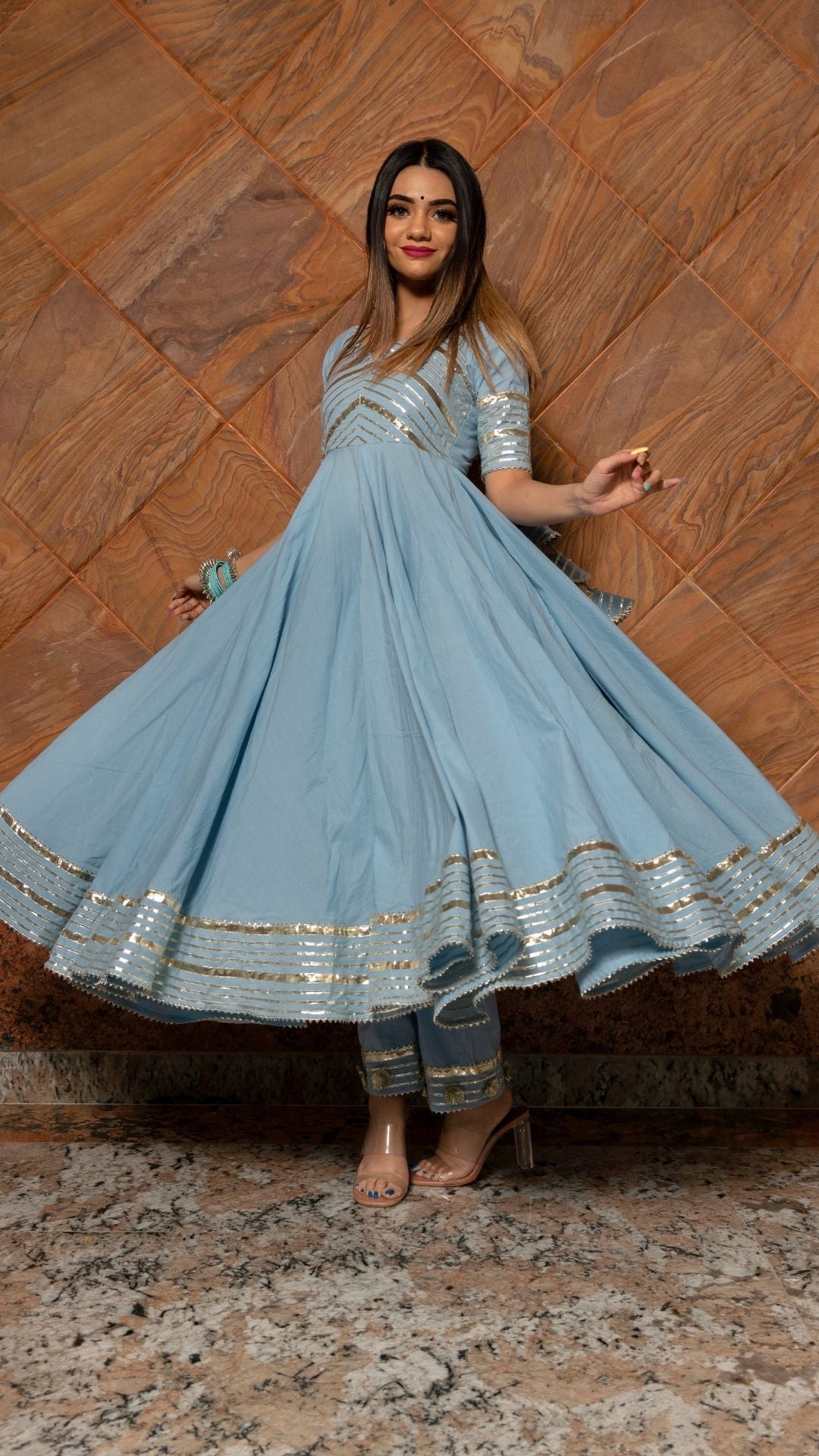 Pomcha Jaipur Powder Blue Pure Cotton Anarkali Set 