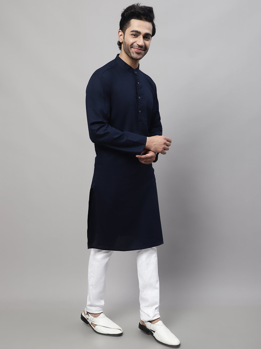 Even Apparels Blue Pure Cotton Kurta With Band Collar 