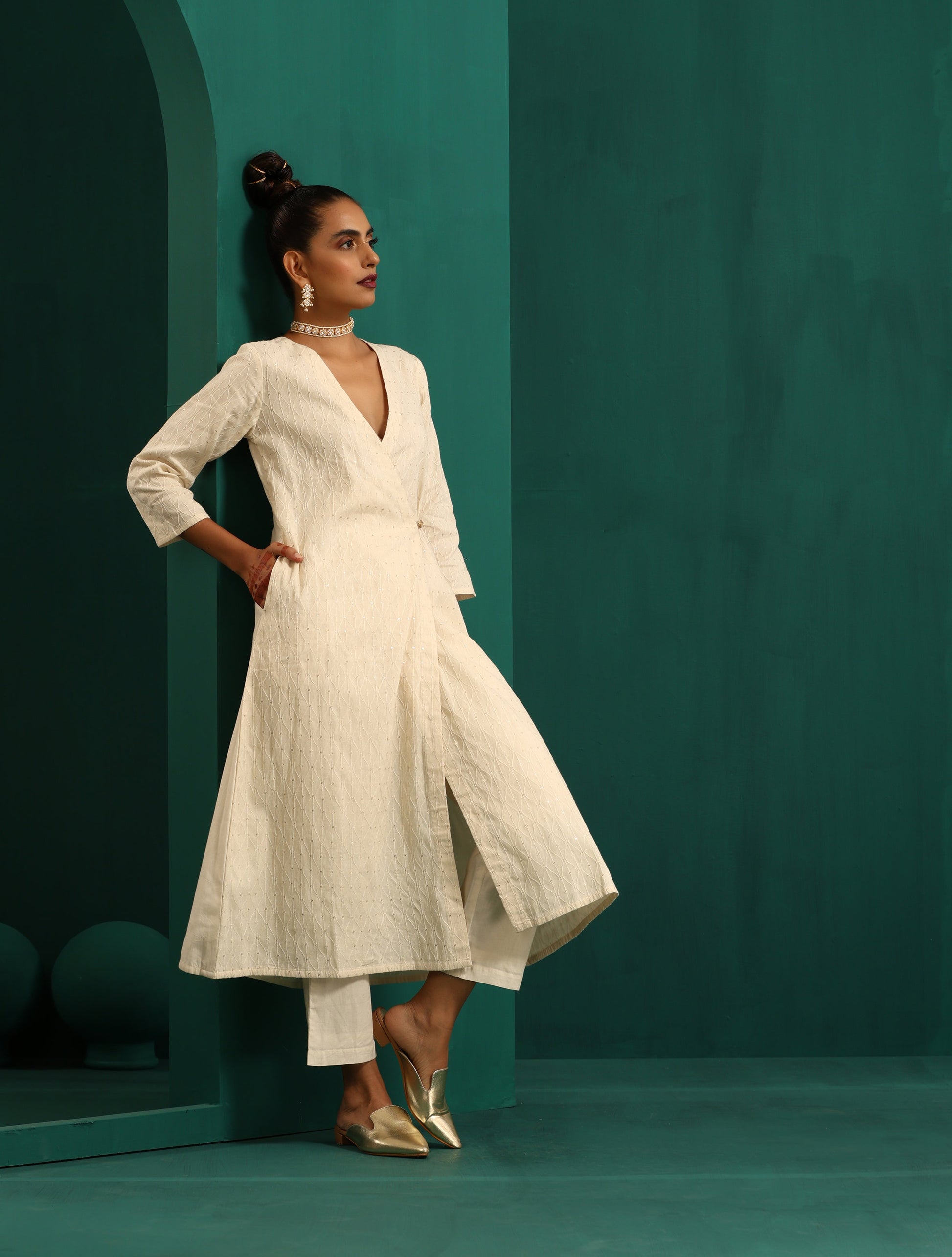 trueBrowns Ivory Tonal Cotton Angrakha Kurta Pant Set 