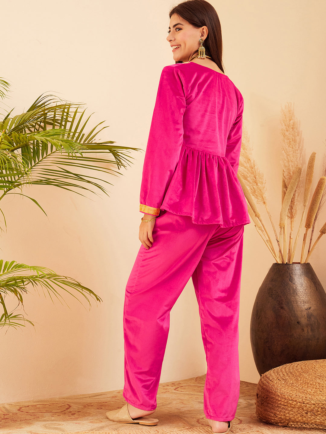 InWeave Women's Magenta Mughal Shaan Style Velvet Short Kurta Set 