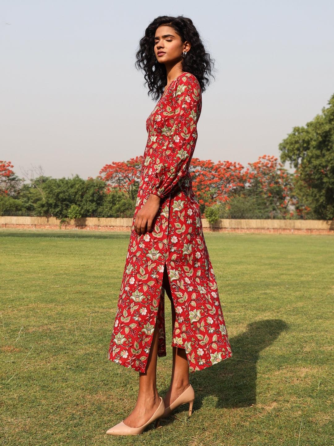 trueBrowns Red Cotton Block Print Backless Dress 