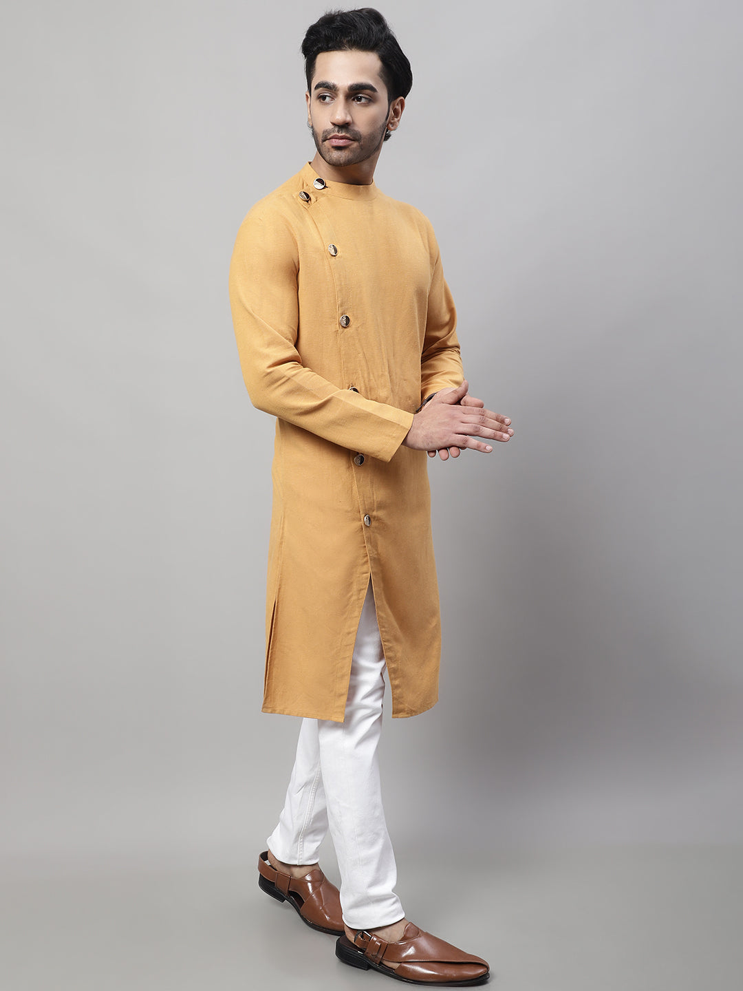 Even Apparels Mustard Sherwani Kurta With Asymetrical Cut 