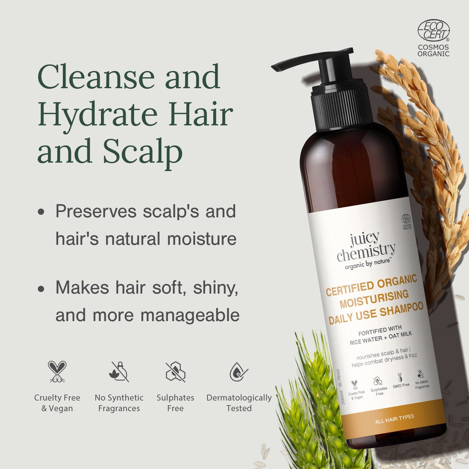 Certified Organic Moisturising Daily Use Shampoo Fortified with Rice Water + Oat Milk 