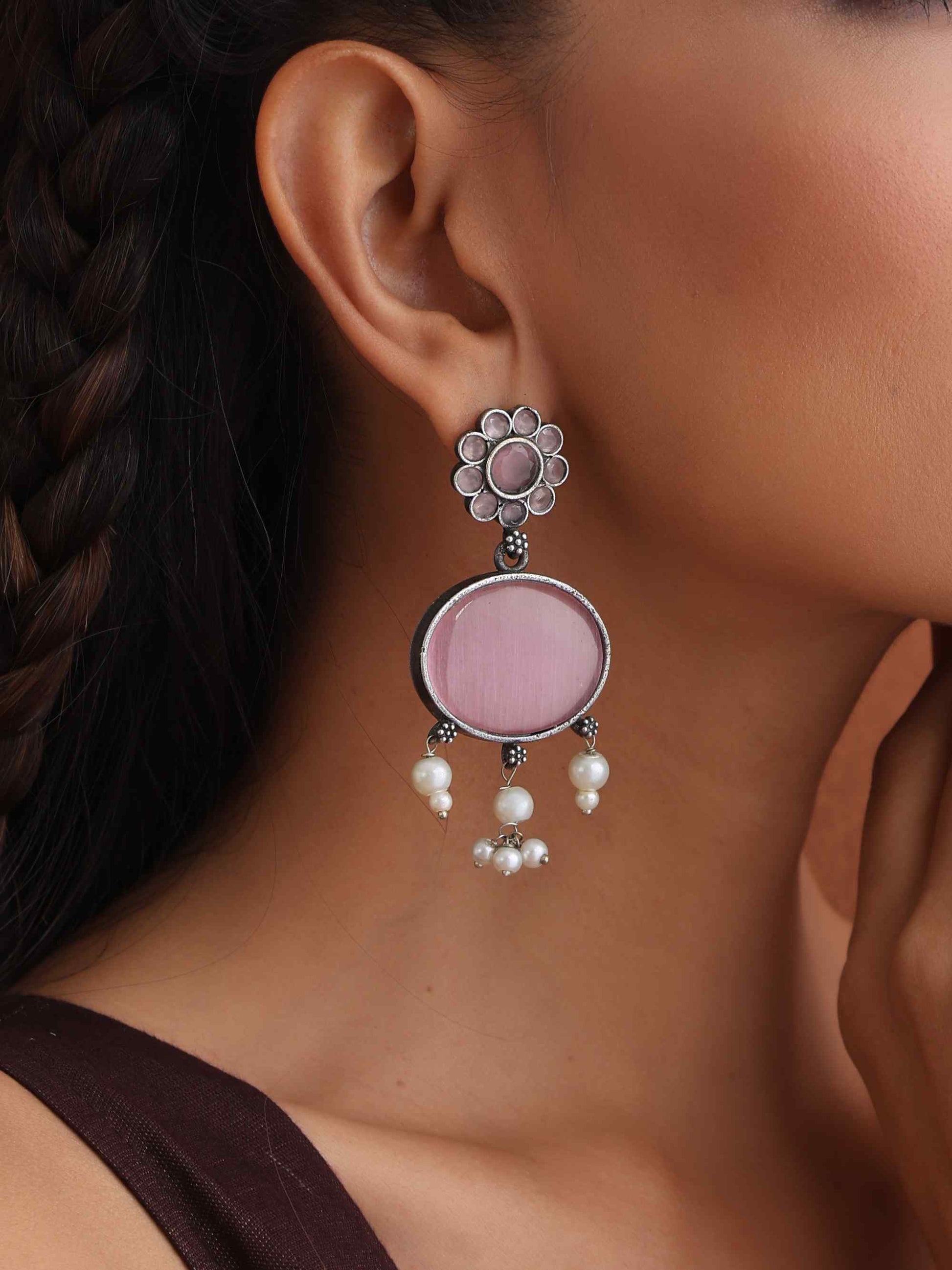 trueBrowns Silver Tone Pink Stone Dangle Earrings Truebrowns Lifestyle