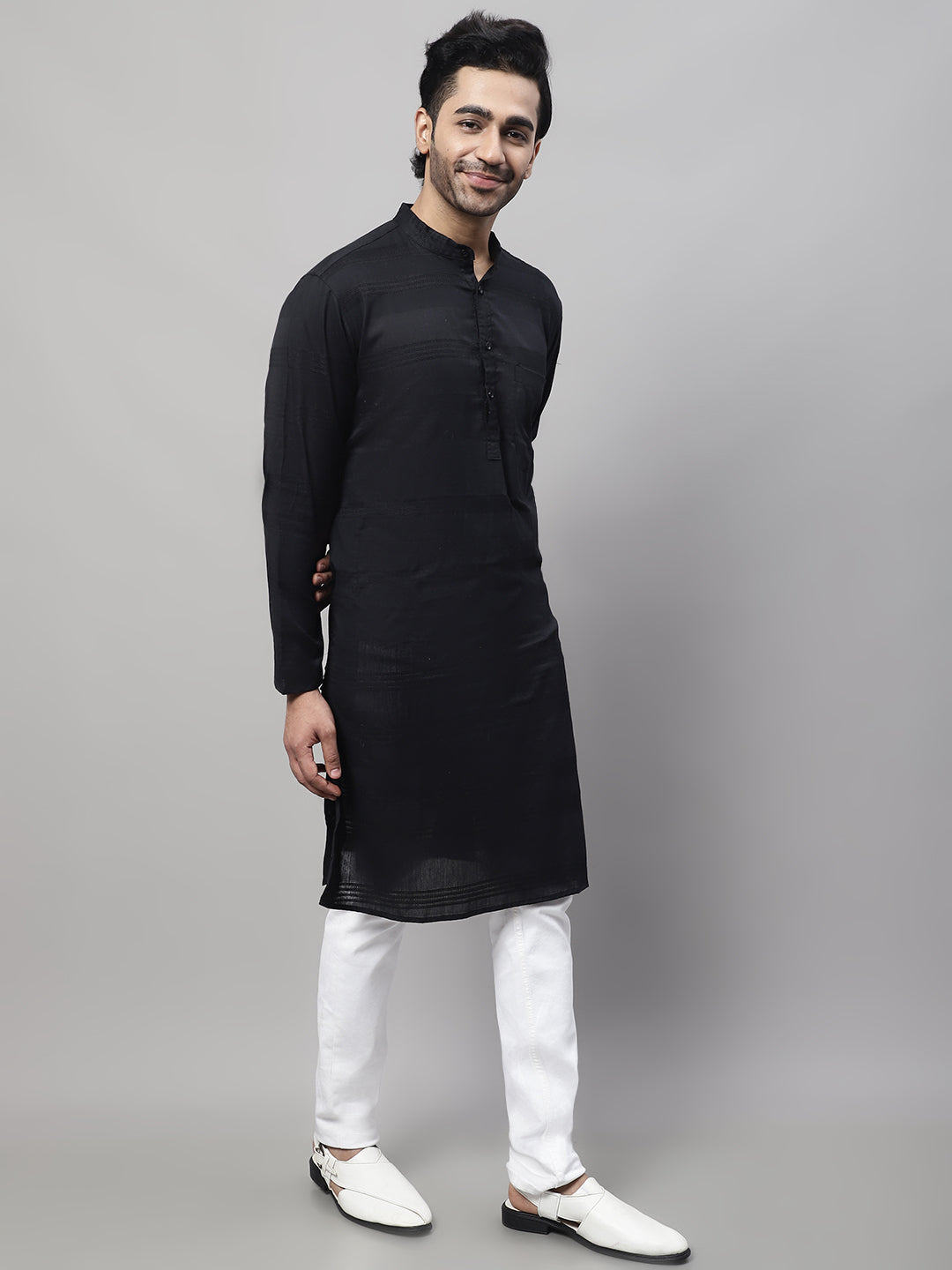 Even Apparels Black Pure Cotton Kurta With Band Collar 