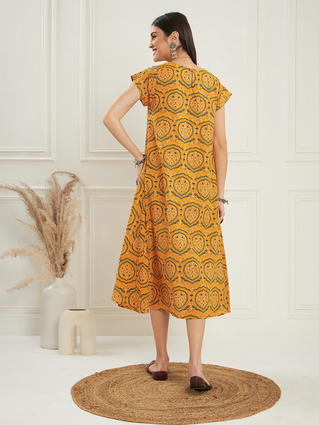 InWeave Women's Haldi Yellow Mughal Kalamkari A Line Dress 