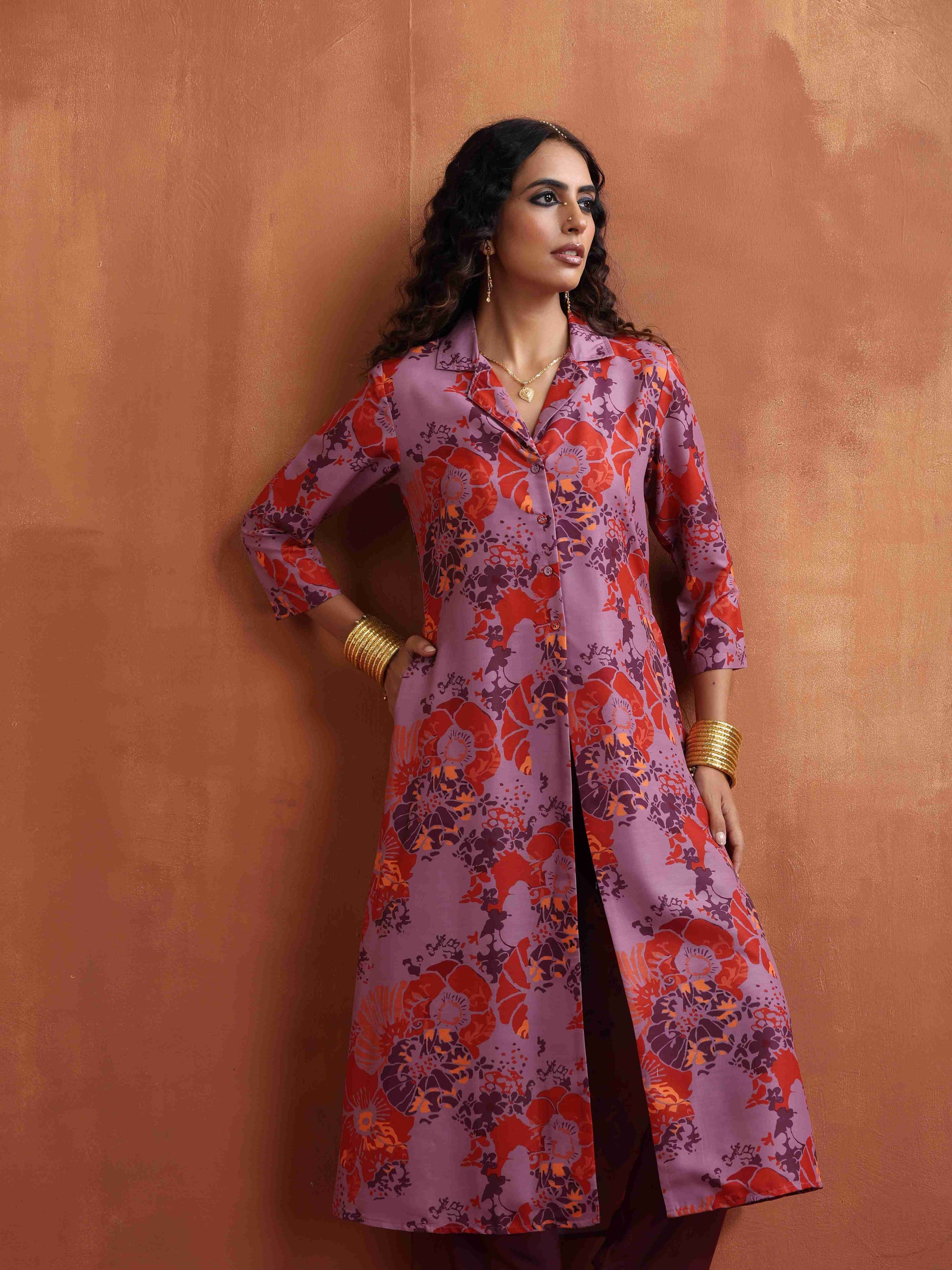trueBrowns Purple Print Shirt Kurta Set 