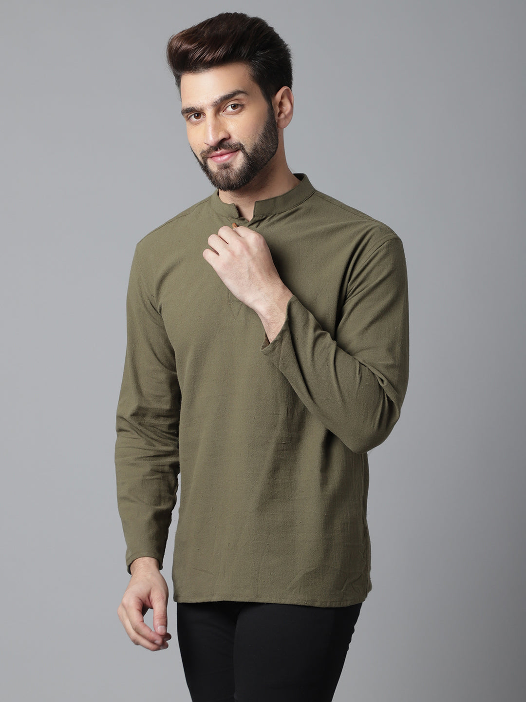 Indian Clothing Even Apparels Green Pure Cotton Kurta With Band Collar 