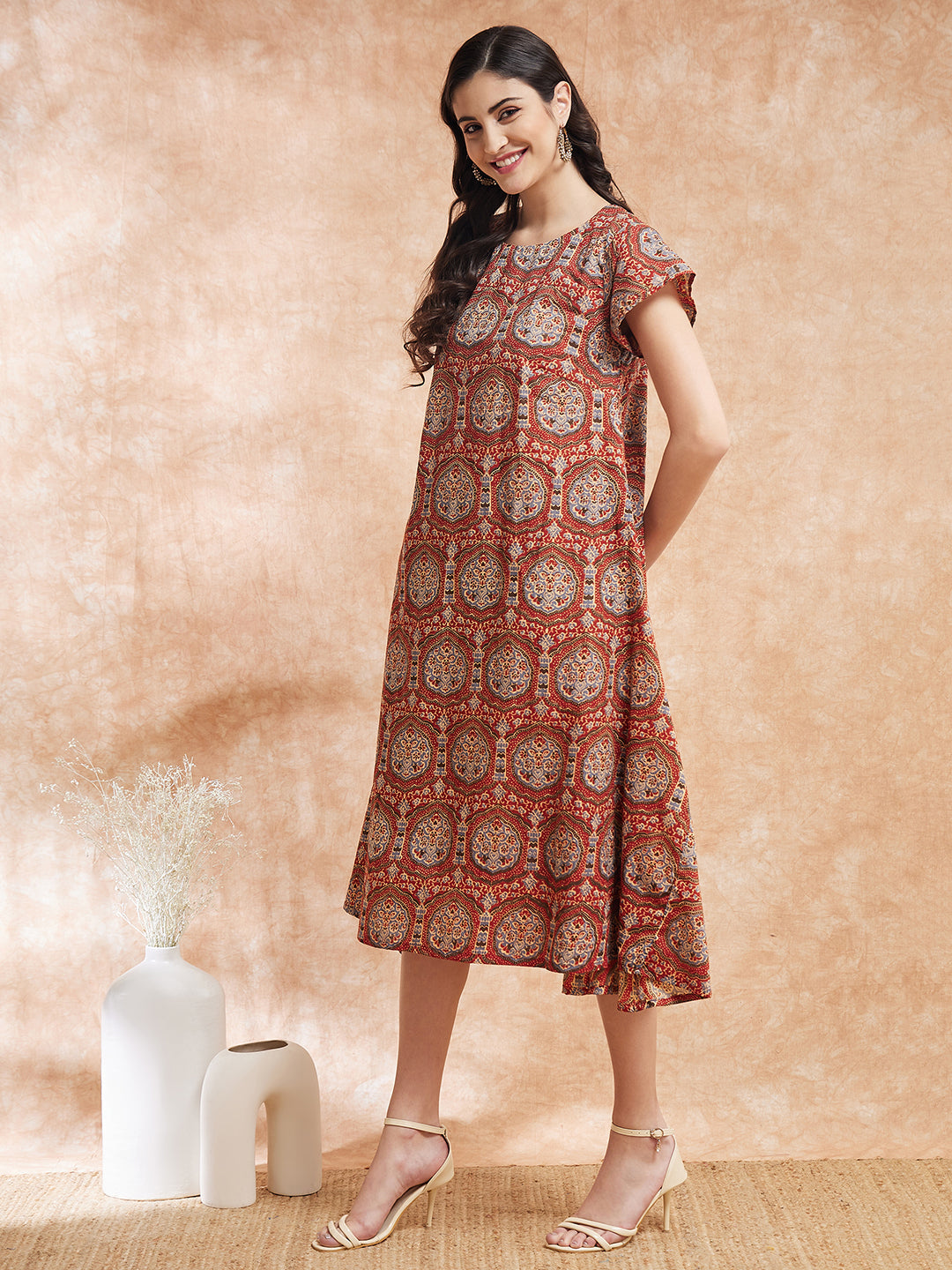 InWeave Women's Maroon Mughal Kalamkari A Line Dress 