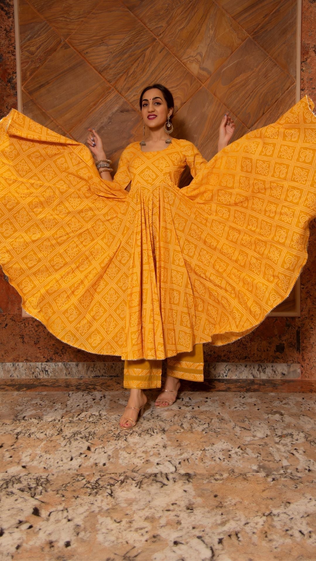 Pomcha Jaipur Bandhej Yellow Cotton Anarkali Set 