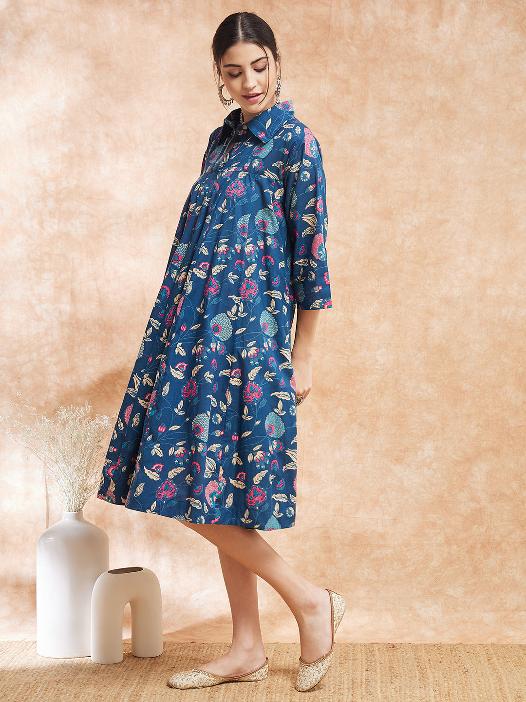 InWeave Women's Blue Pink Kalamkari Flared Dress 