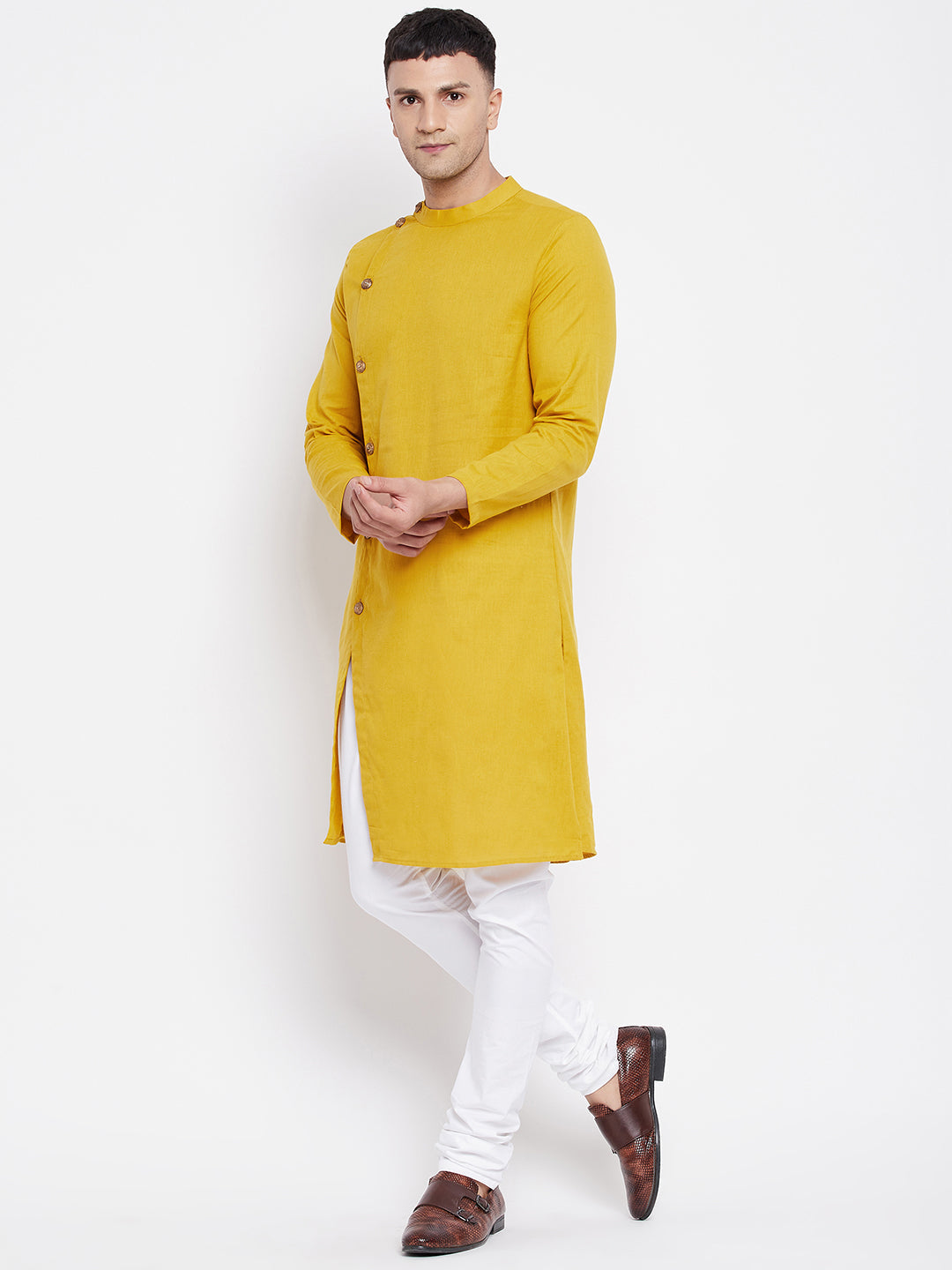Even Apparels Yellow Pure Cotton Kurta With Band Collar 